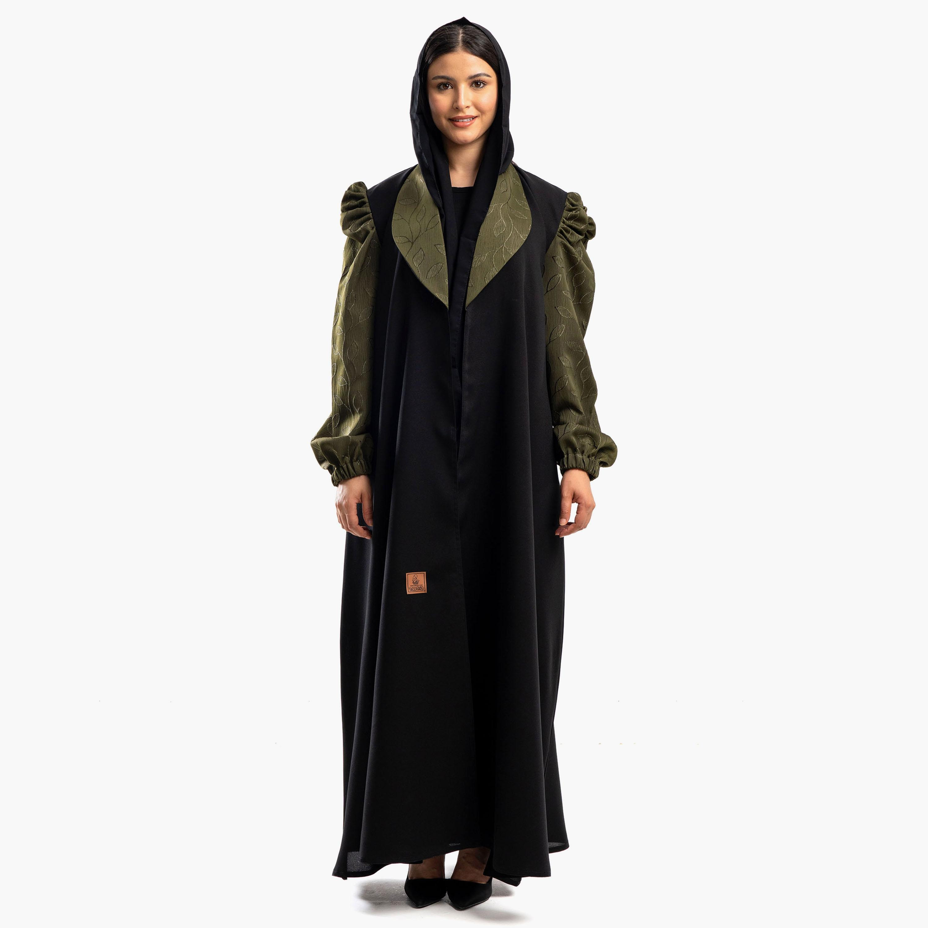 عباية زاهية سوداء مطرزة بطية صدر من شال بأكمام منفوخة مع طرحة-women-arabicclothing-abayas-image-1