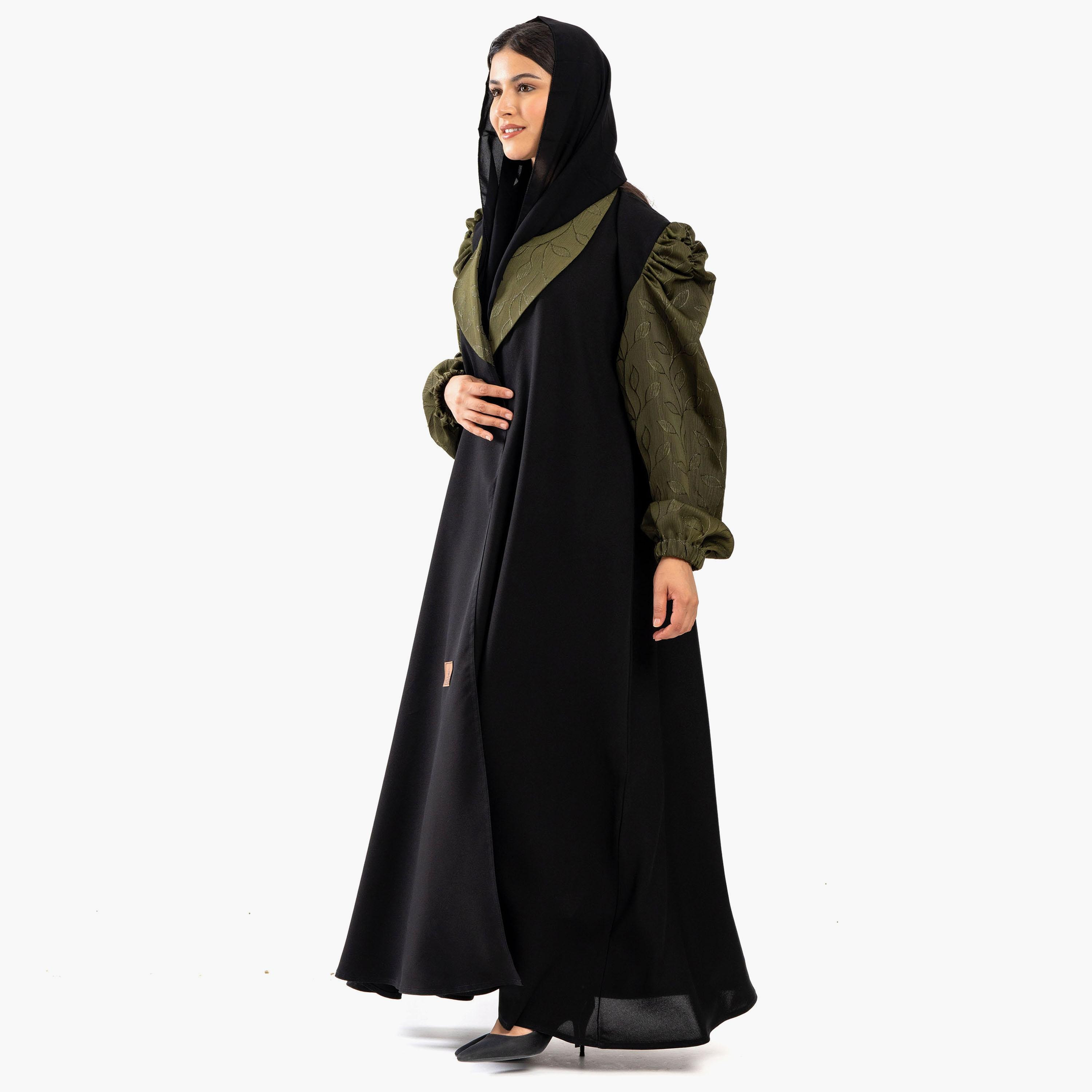 عباية زاهية سوداء مطرزة بطية صدر من شال بأكمام منفوخة مع طرحة-women-arabicclothing-abayas-image-3