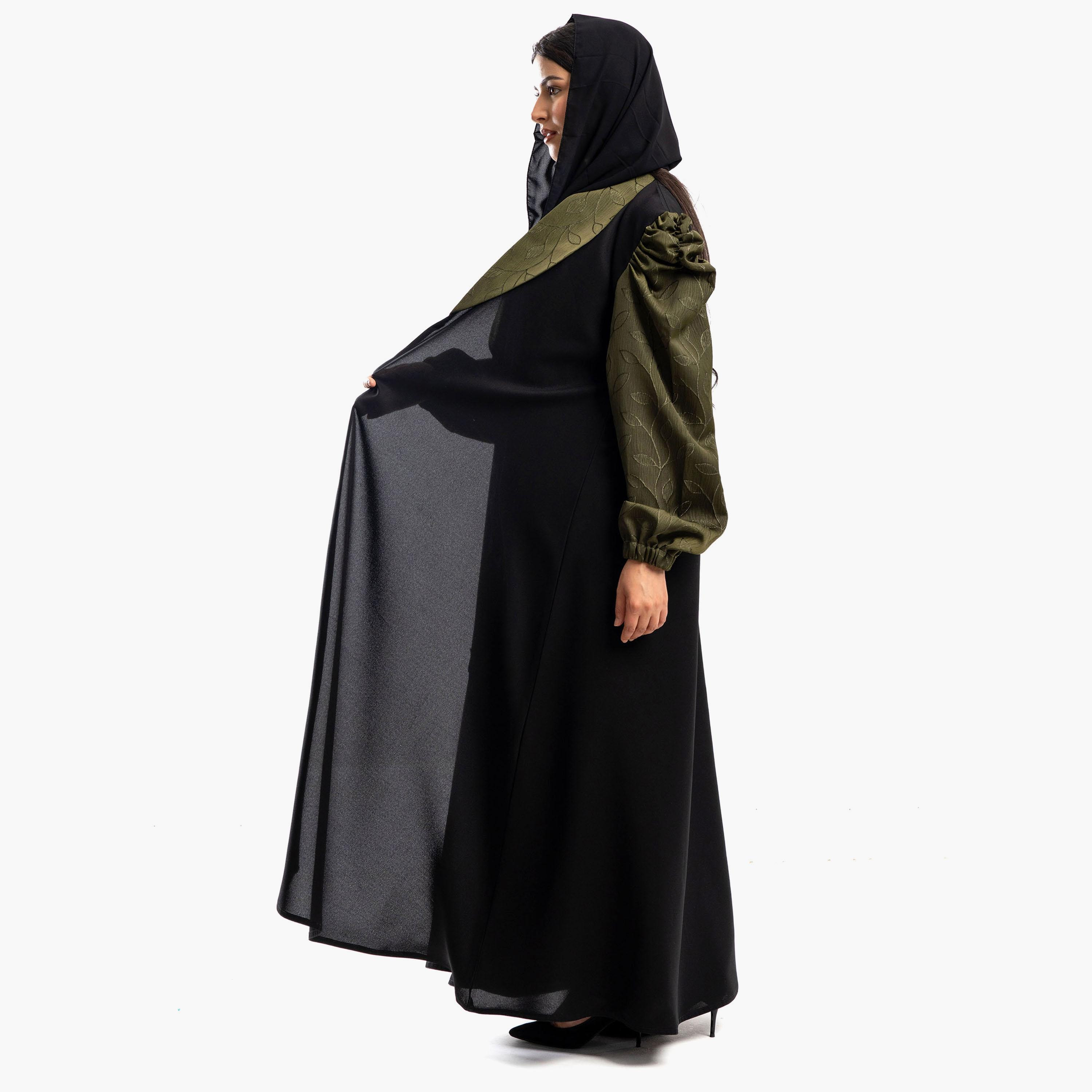 عباية زاهية سوداء مطرزة بطية صدر من شال بأكمام منفوخة مع طرحة-women-arabicclothing-abayas-image-4