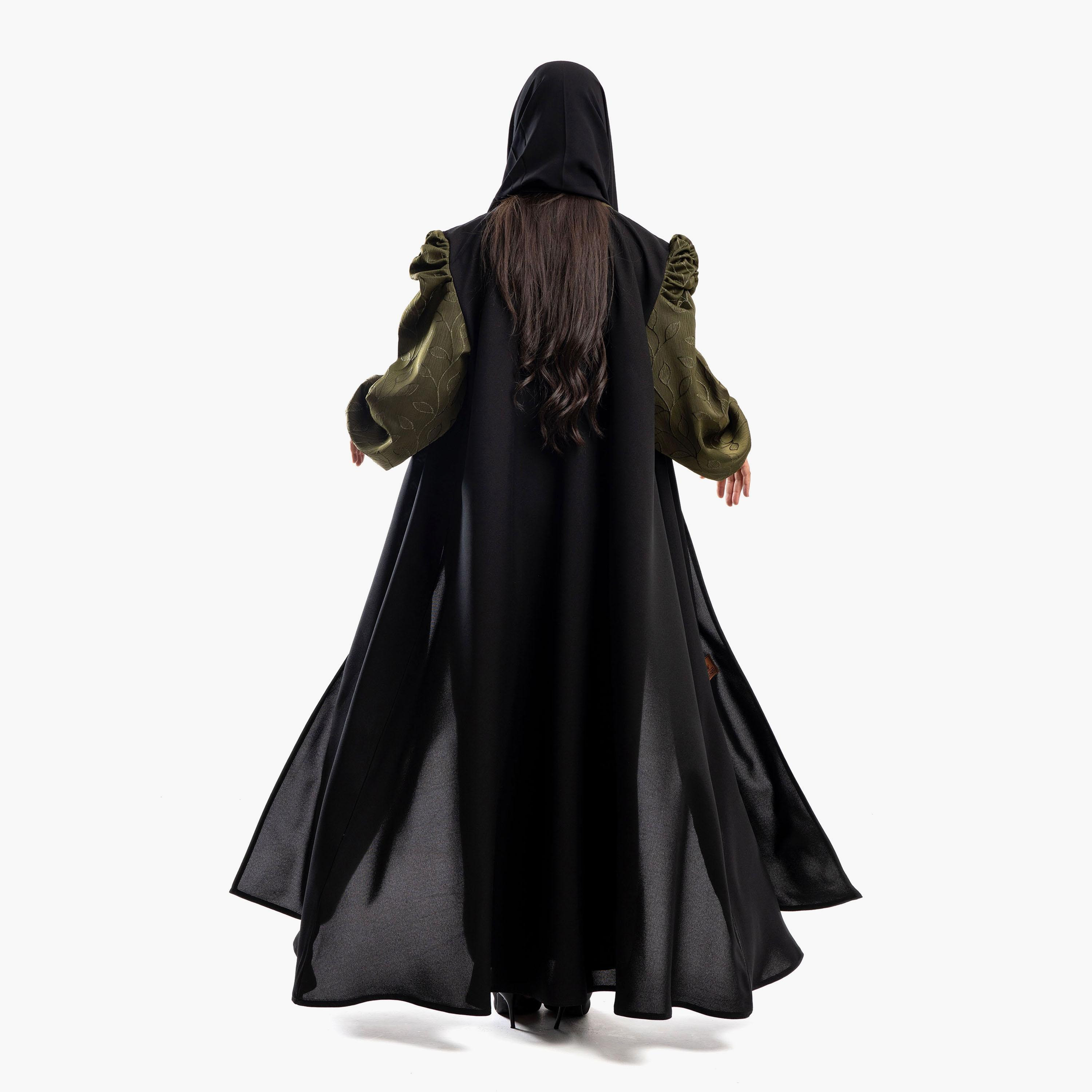 عباية زاهية سوداء مطرزة بطية صدر من شال بأكمام منفوخة مع طرحة-women-arabicclothing-abayas-image-5