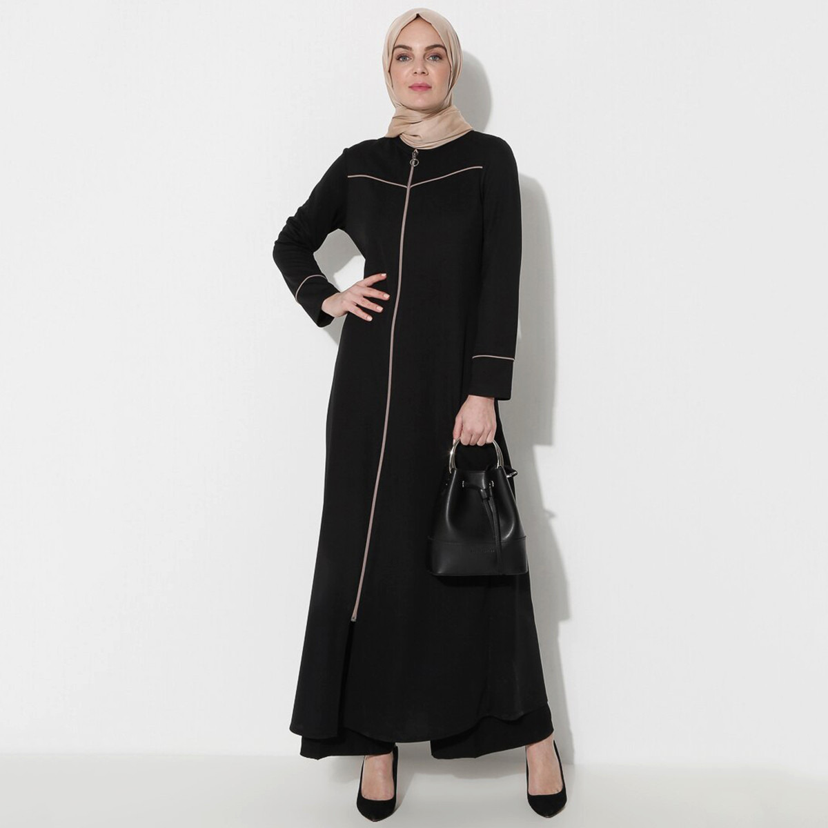 Women Solid Front Zipper Abaya Miss Cazibe By Modanisa-women-arabicclothing-abayas-image-1