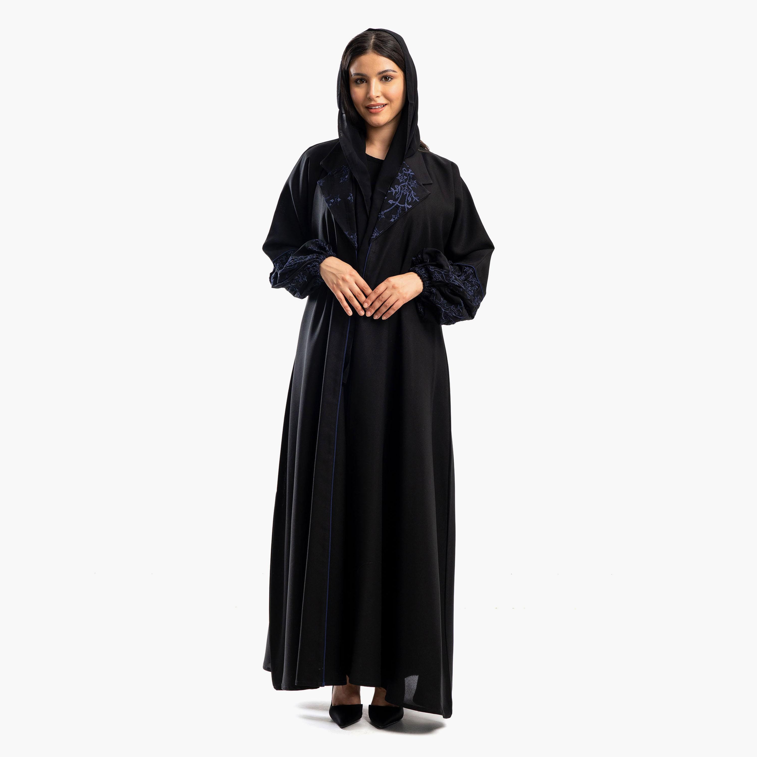 Zahiyh Black Notched Lapel Embroidered Abaya with Tarha-women-arabicclothing-abayas-image-1