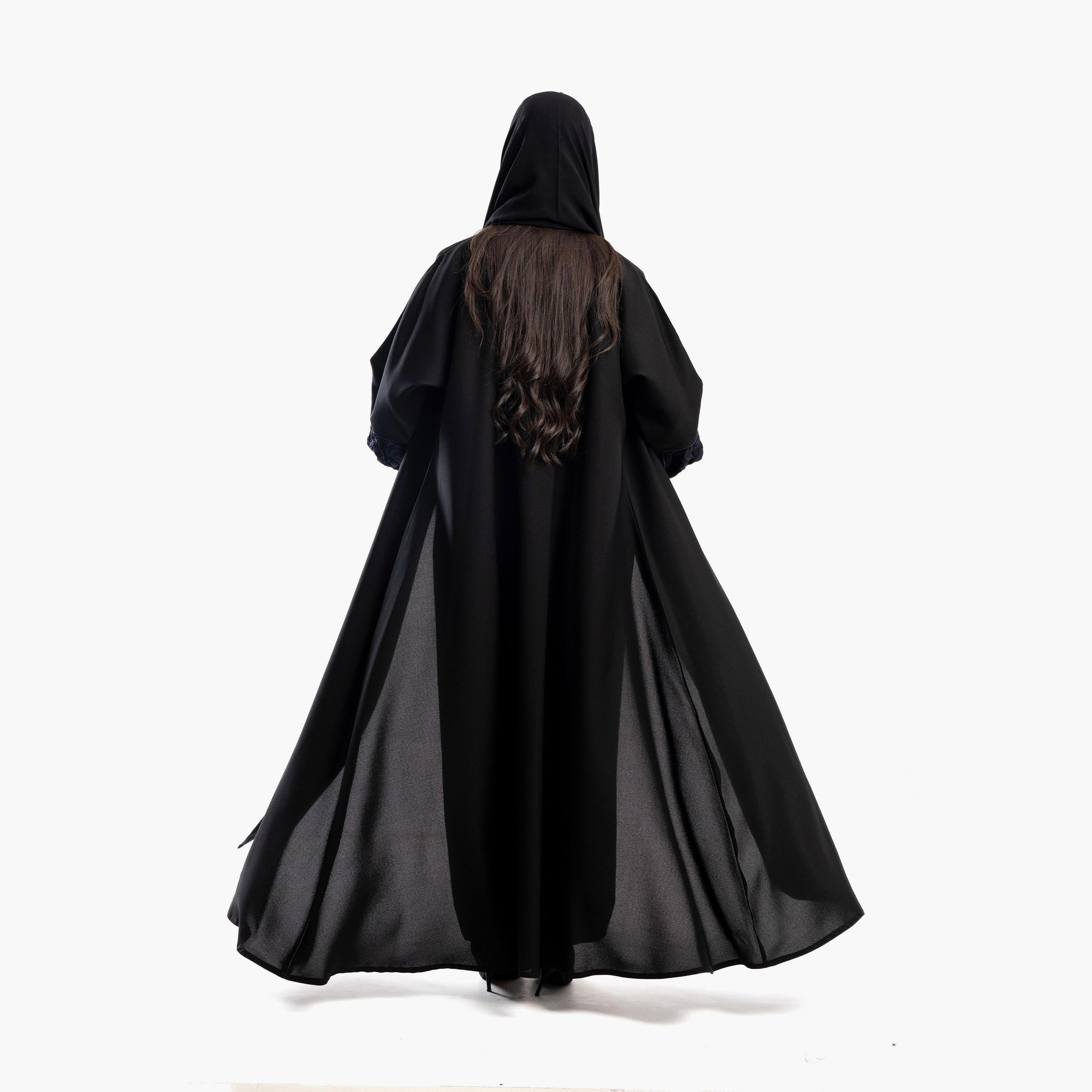Zahiyh Black Notched Lapel Embroidered Abaya with Tarha-women-arabicclothing-abayas-image-4