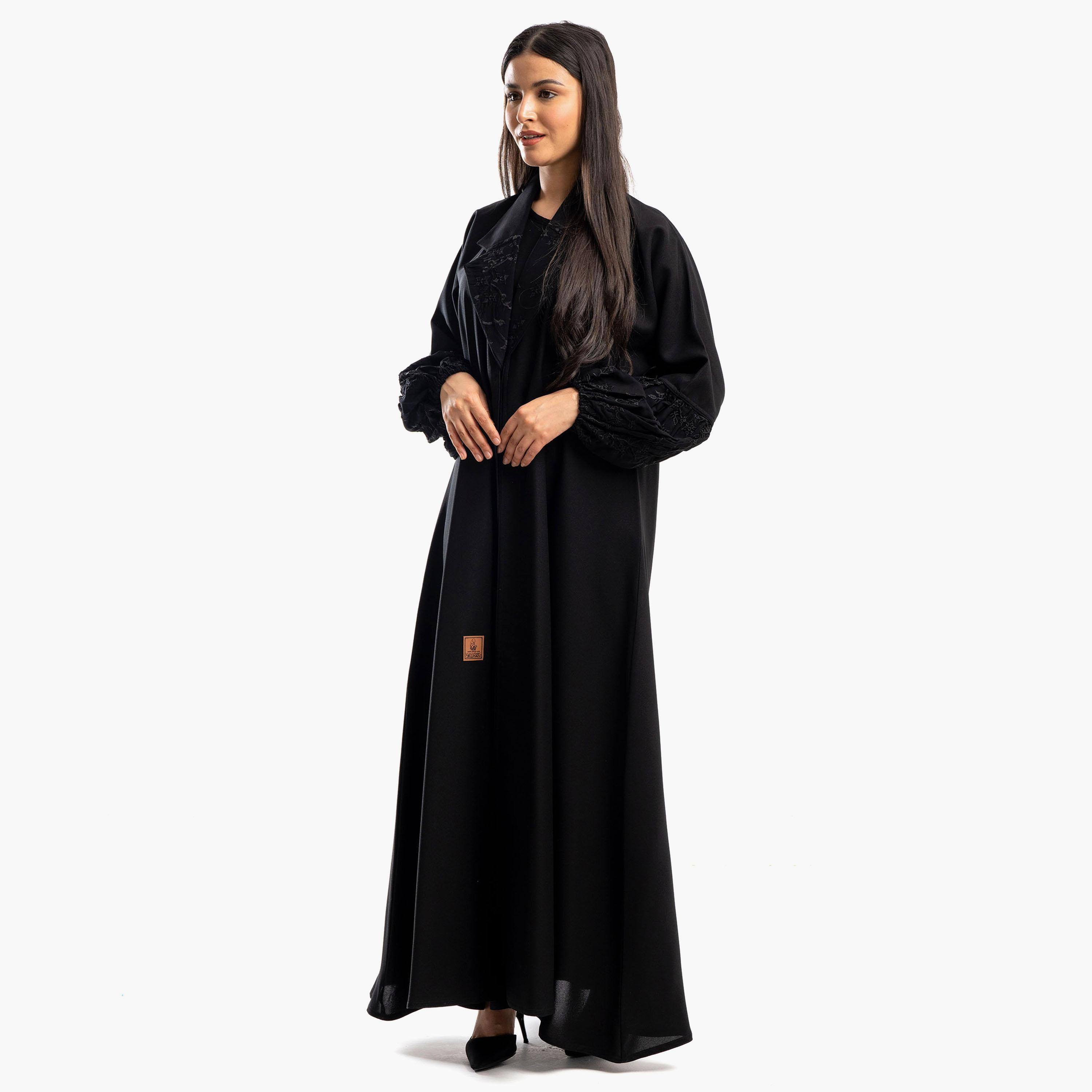 Zahiyh Black Notched Lapel Embroidered Abaya with Tarha-women-arabicclothing-abayas-image-2
