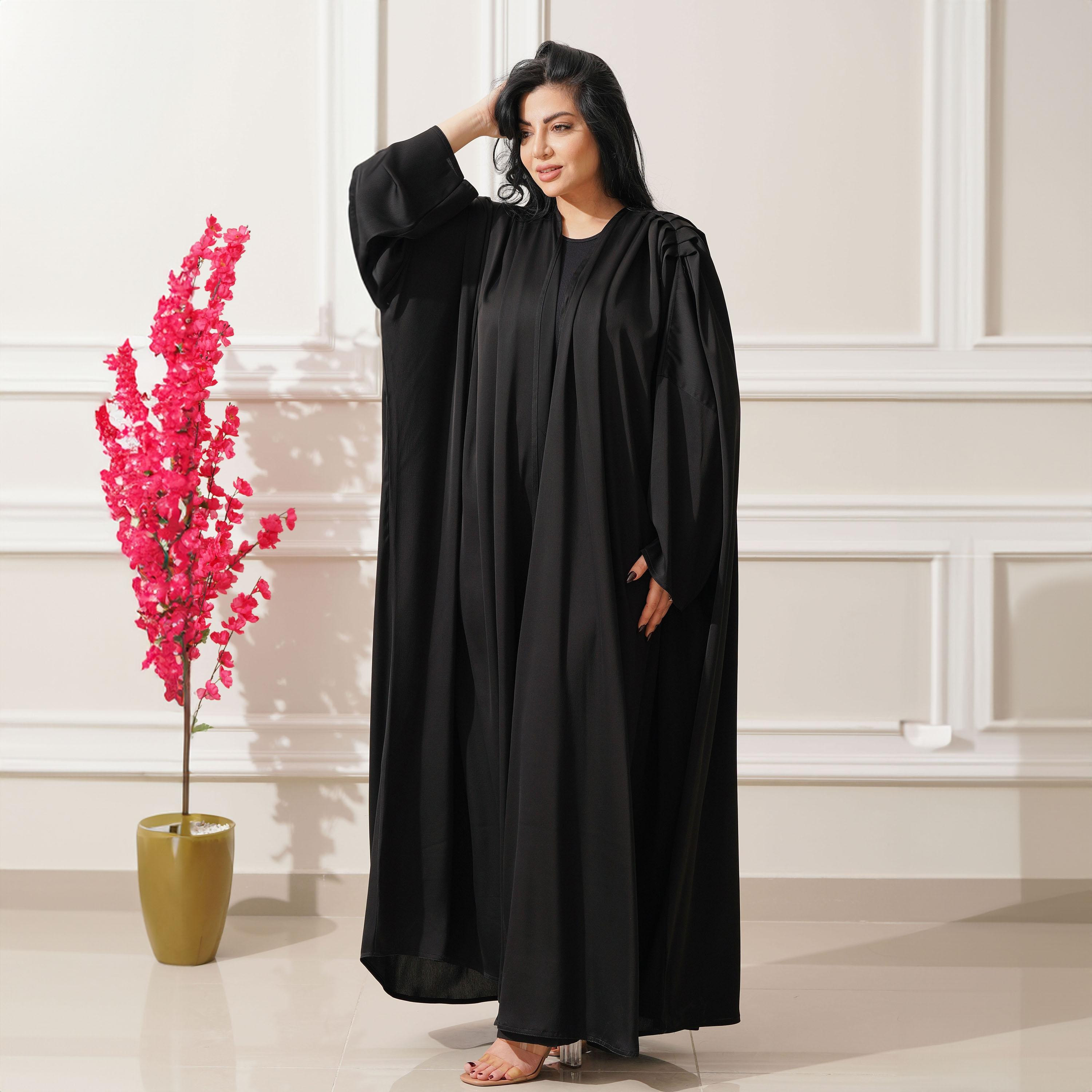 Zahiyh Black Pleated Detailed Shoulder Formal Abaya with Tarha-women-arabicclothing-abayas-image-1