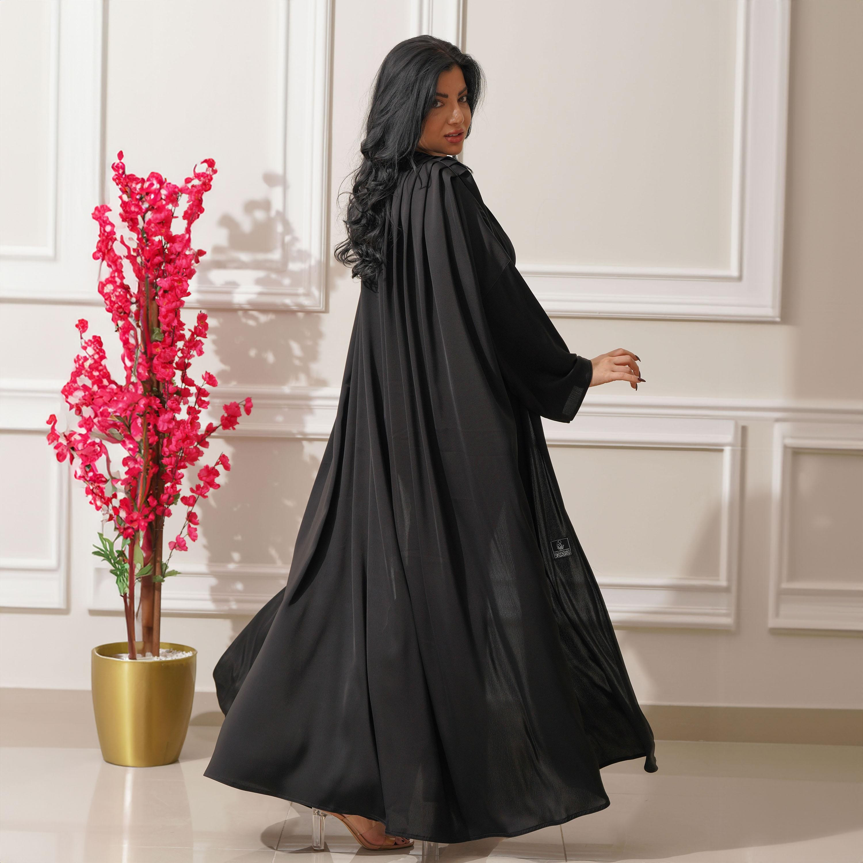 Zahiyh Black Pleated Detailed Shoulder Formal Abaya with Tarha-women-arabicclothing-abayas-image-4