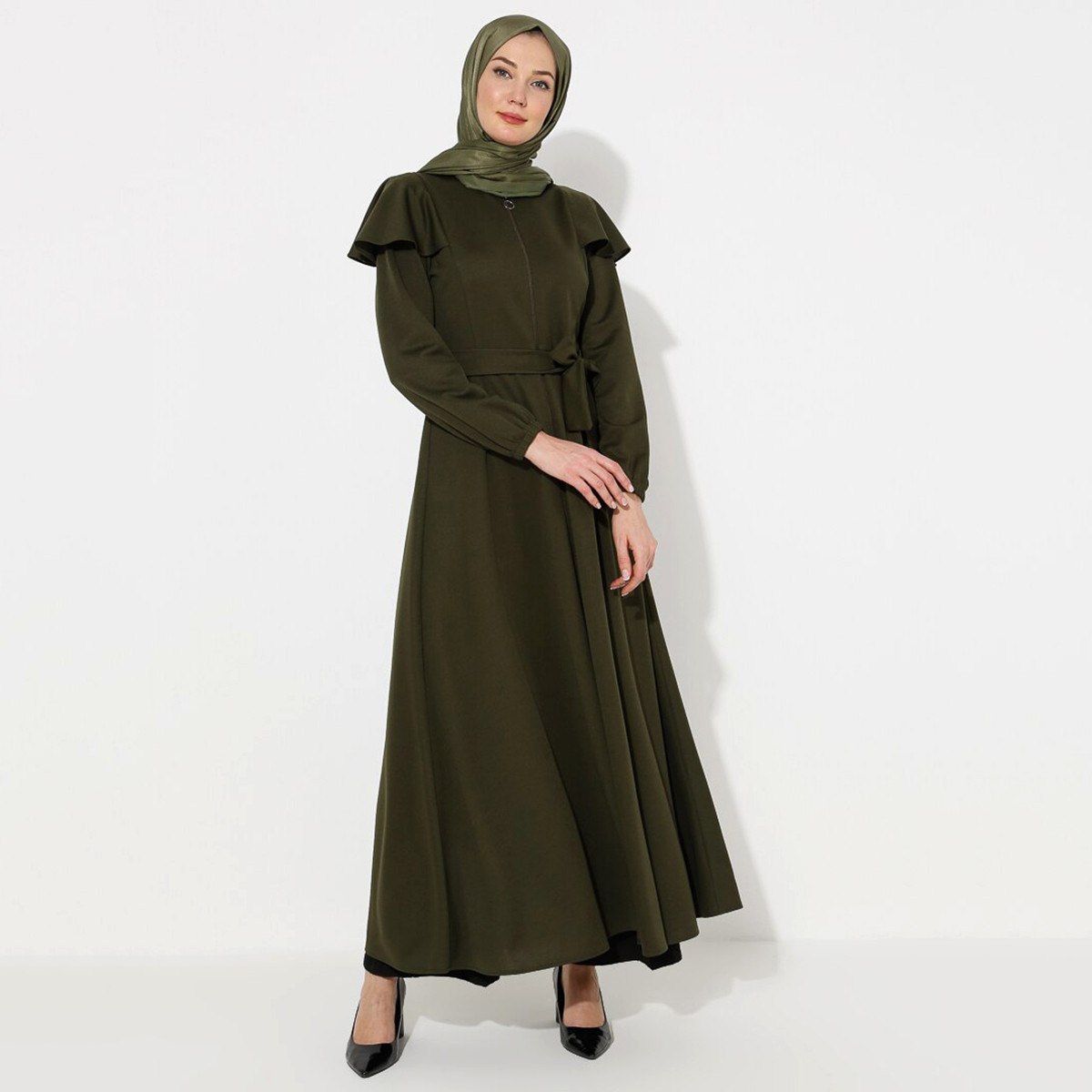Women Solid Front Zipper Belted Abaya Miss Cazibe By Modanisa-women-arabicclothing-abayas-image-1