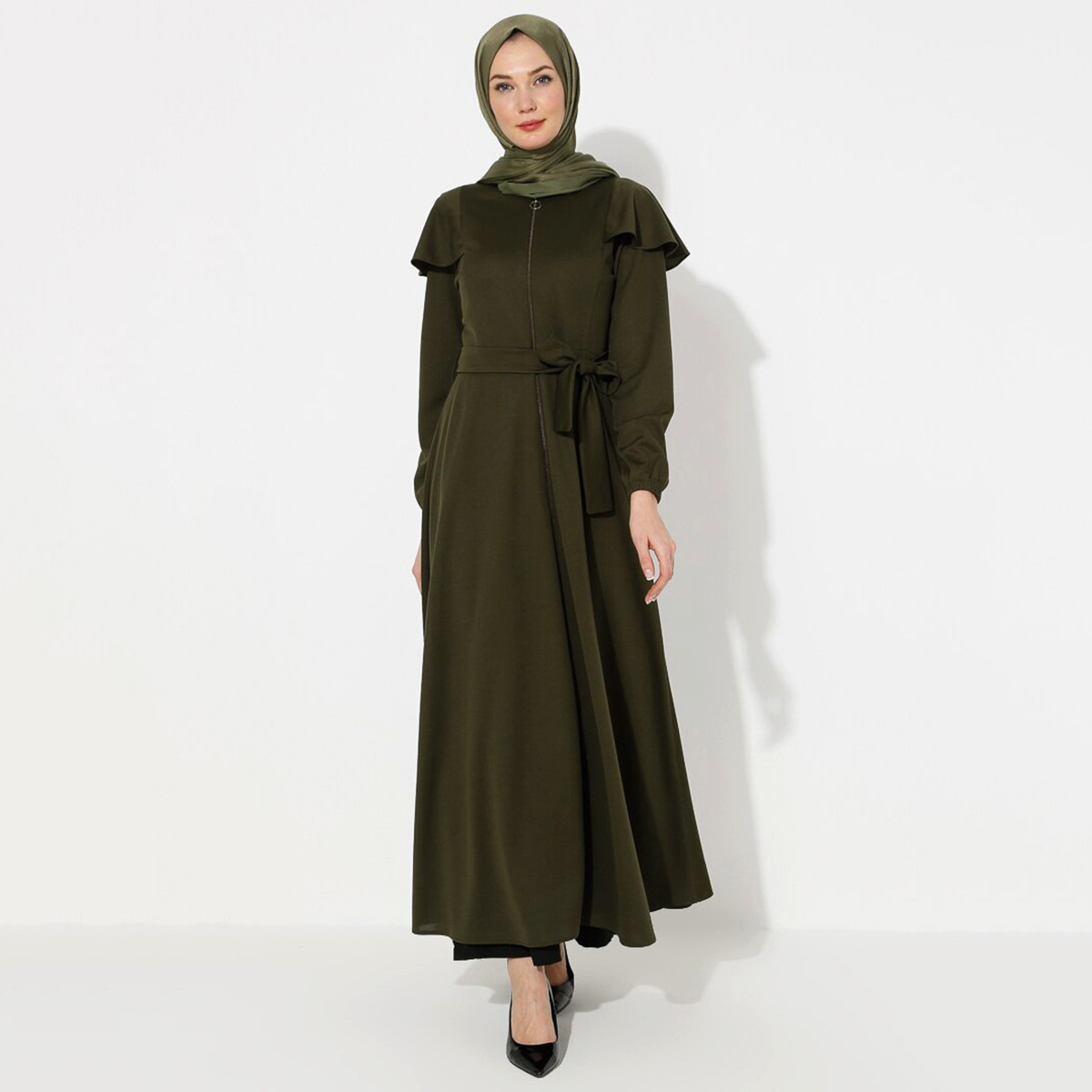Women Solid Front Zipper Belted Abaya Miss Cazibe By Modanisa-women-arabicclothing-abayas-image-2