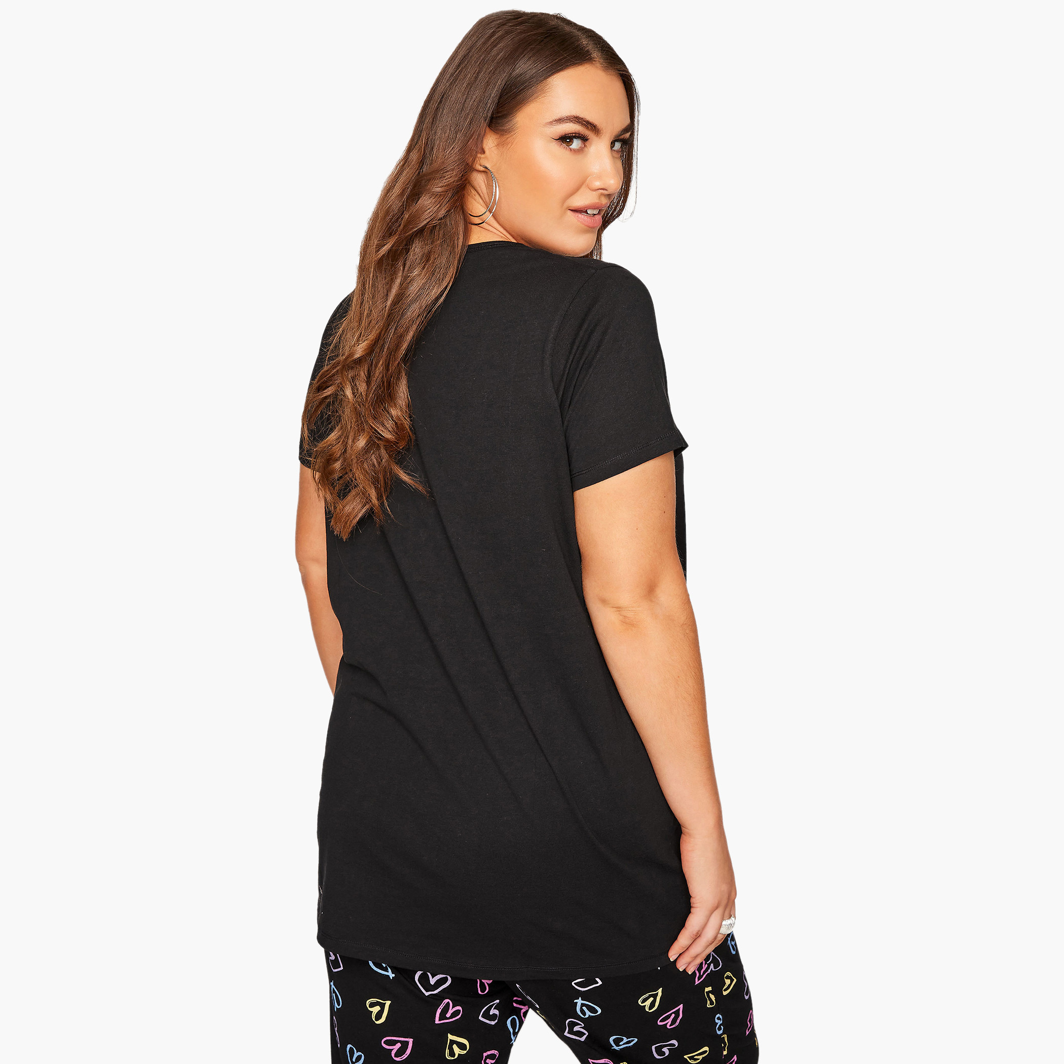 Yours Solid Black Short Sleeves Henley Neck T-Shirt-women-clothing-nightwear-nighties-image-2