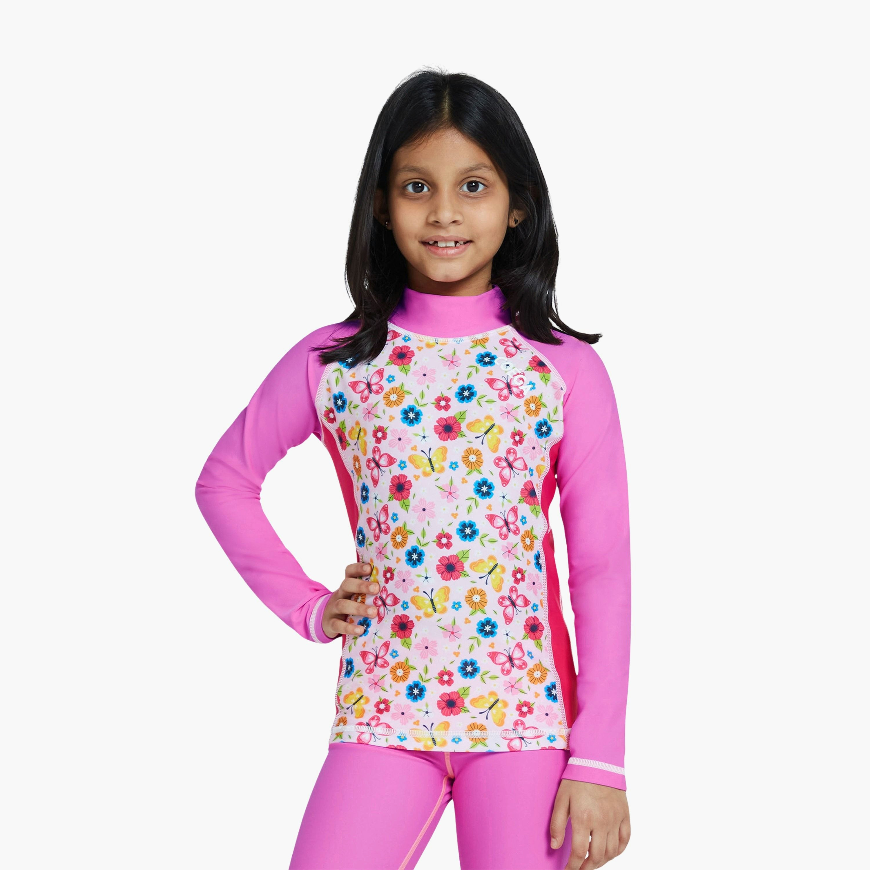 كويغا جيرلز راش جارد بأكمام طويلة - أزهار وردية وردية أمامية AOP-sports-girls-clothing-swimwear-image-1