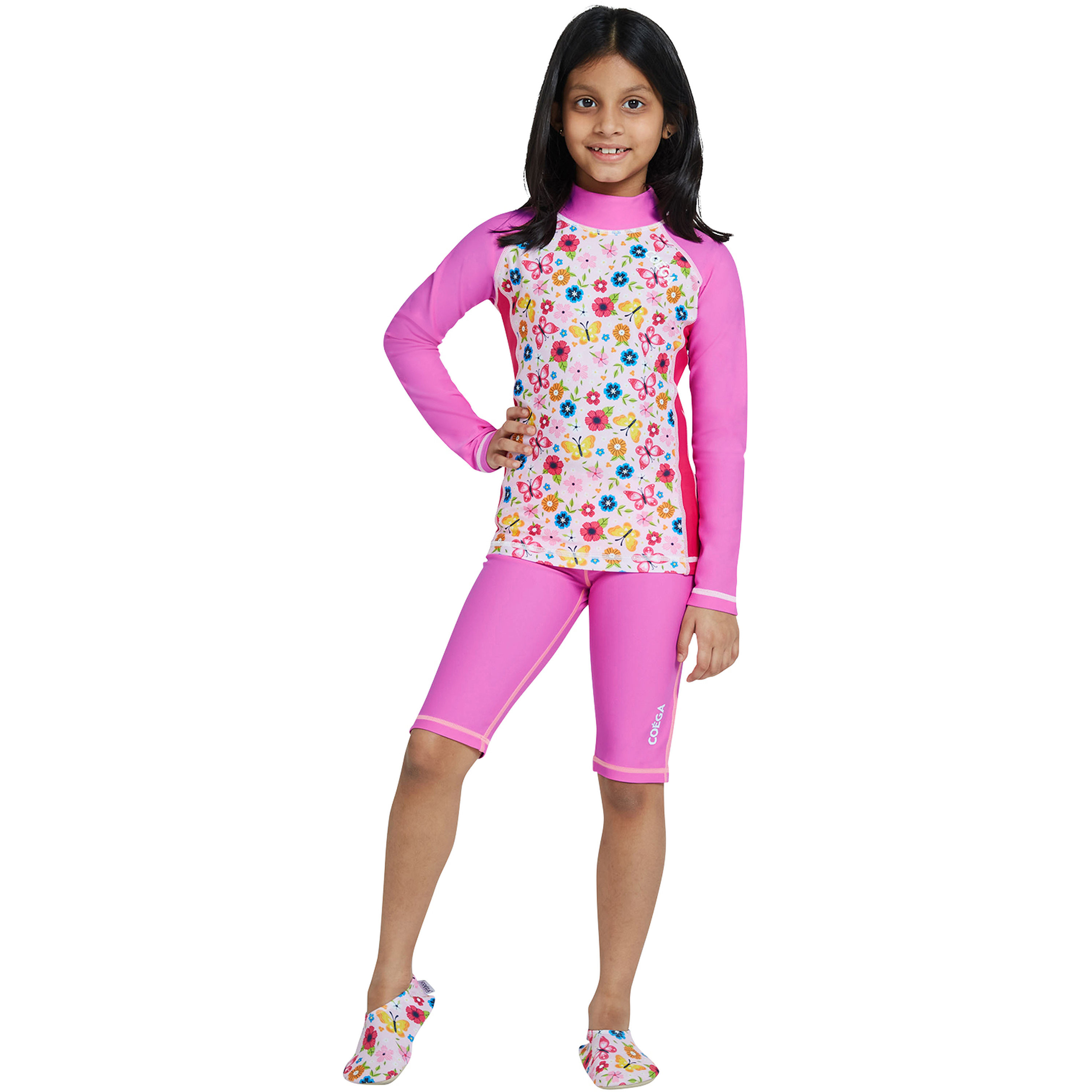 كويغا جيرلز راش جارد بأكمام طويلة - أزهار وردية وردية أمامية AOP-sports-girls-clothing-swimwear-image-2