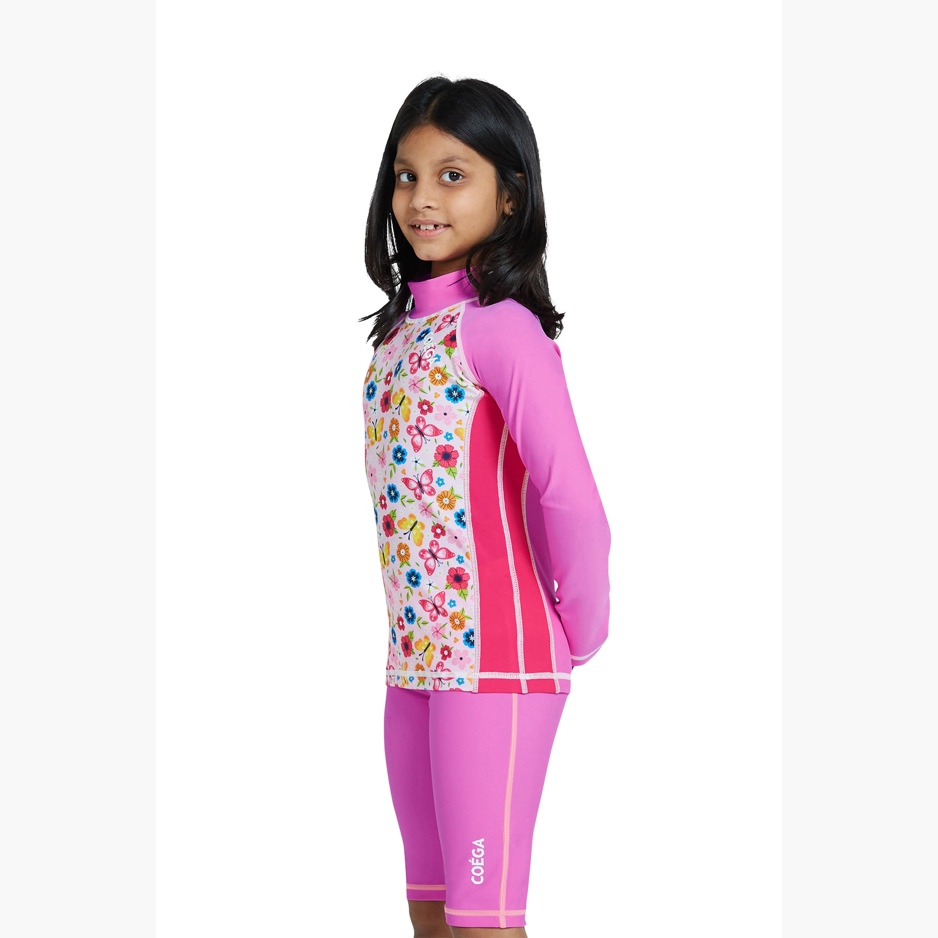 كويغا جيرلز راش جارد بأكمام طويلة - أزهار وردية وردية أمامية AOP-sports-girls-clothing-swimwear-image-3