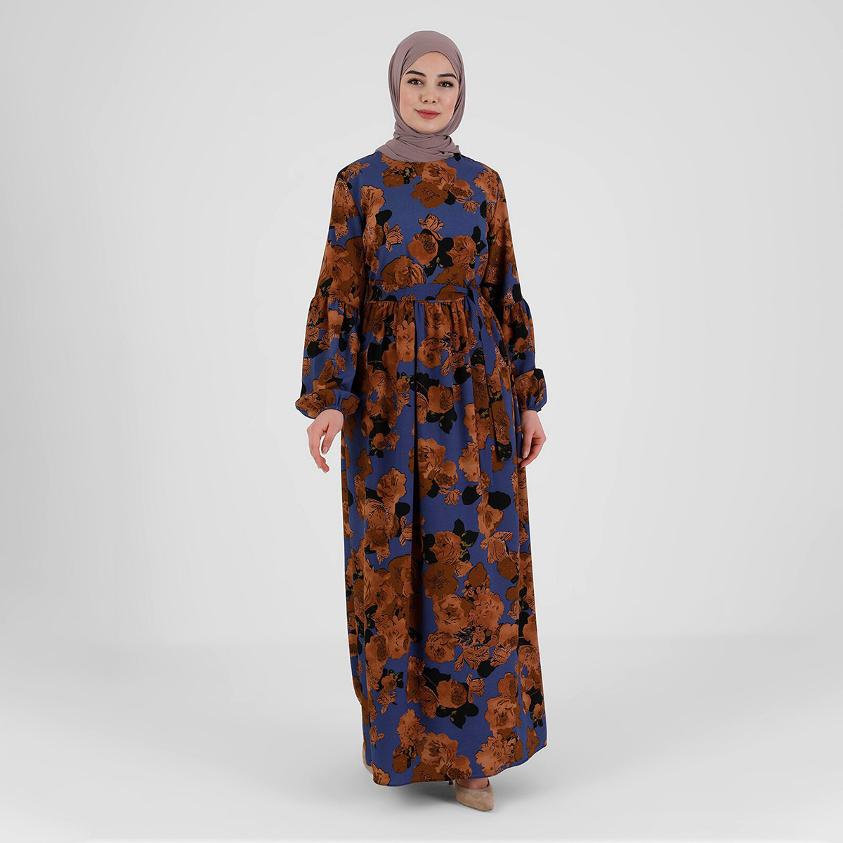 جلابية مودانيسا نسائية مطبوعة بحزام ربط وسحاب خلفي مع لون نيلي-women-clothing-dresses-image-1