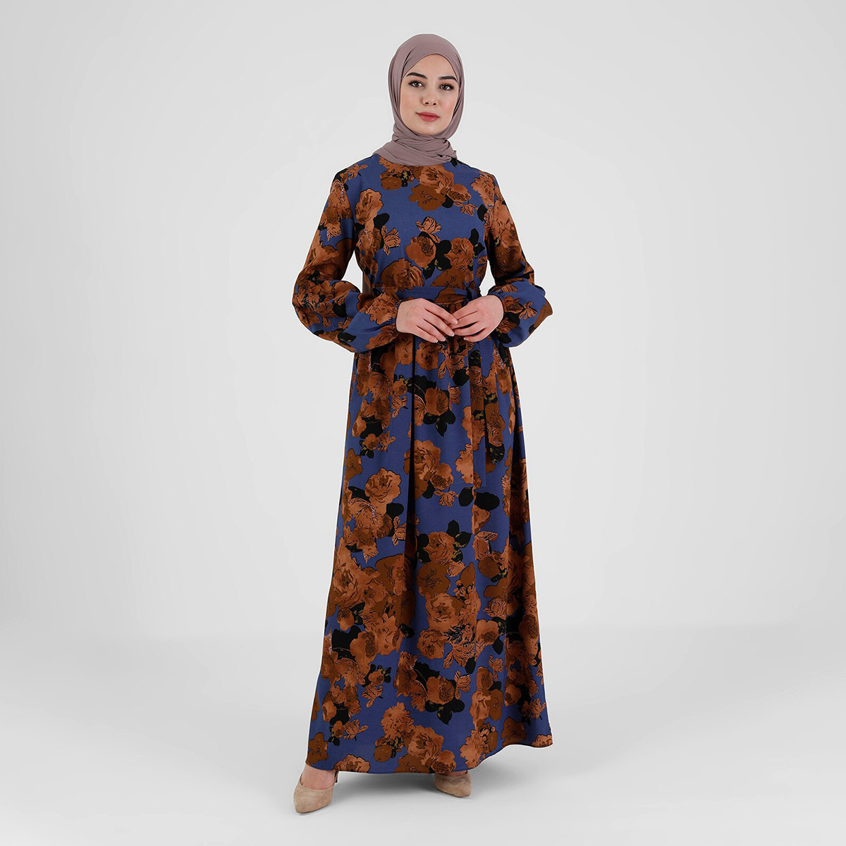 جلابية مودانيسا نسائية مطبوعة بحزام ربط وسحاب خلفي مع لون نيلي-women-clothing-dresses-image-3