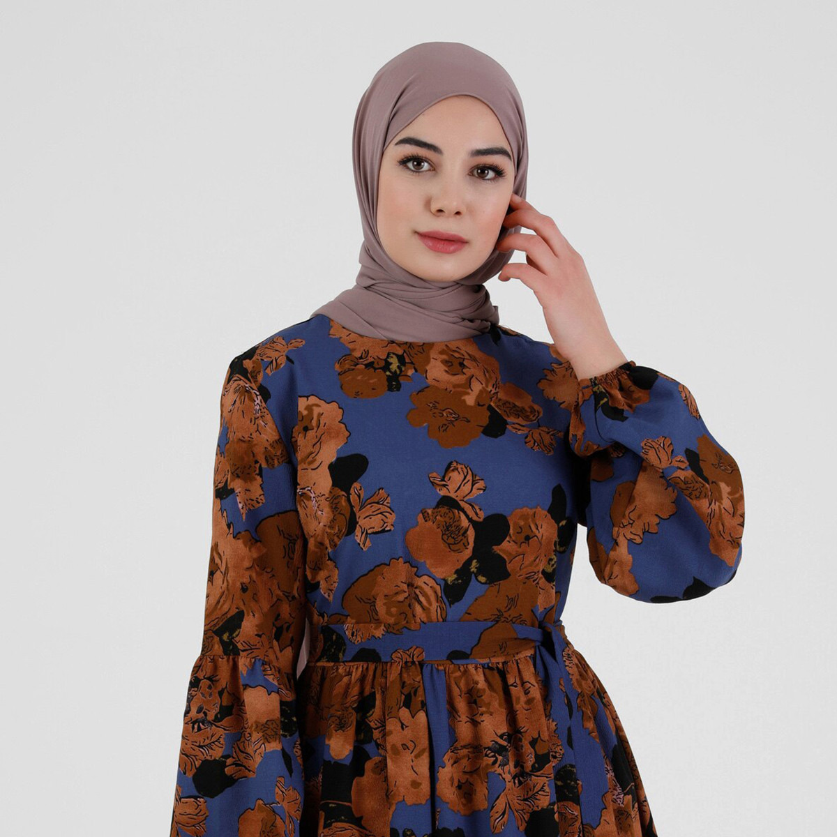 جلابية مودانيسا نسائية مطبوعة بحزام ربط وسحاب خلفي مع لون نيلي-women-clothing-dresses-image-4