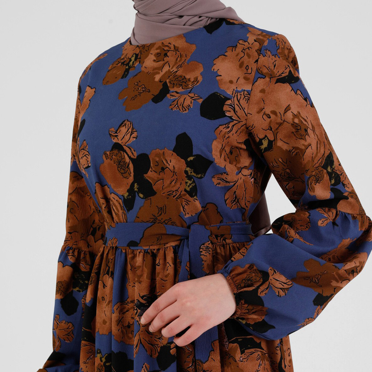 جلابية مودانيسا نسائية مطبوعة بحزام ربط وسحاب خلفي مع لون نيلي-women-clothing-dresses-image-5