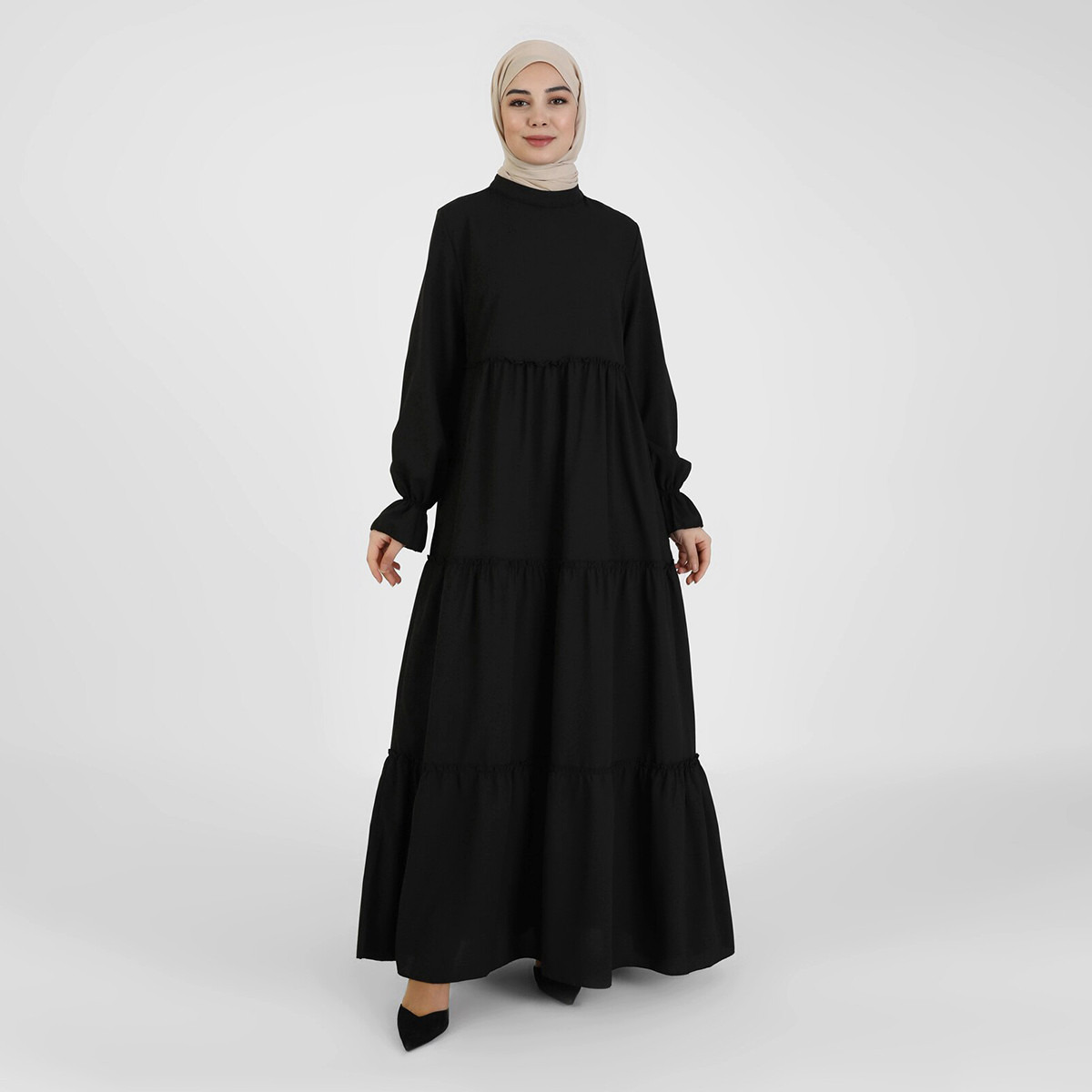  فستان ماكسي نسائي من مودانيسا بلون أسود سادة بسحاب خلفي وياقة عالية-women-clothing-dresses-image-1