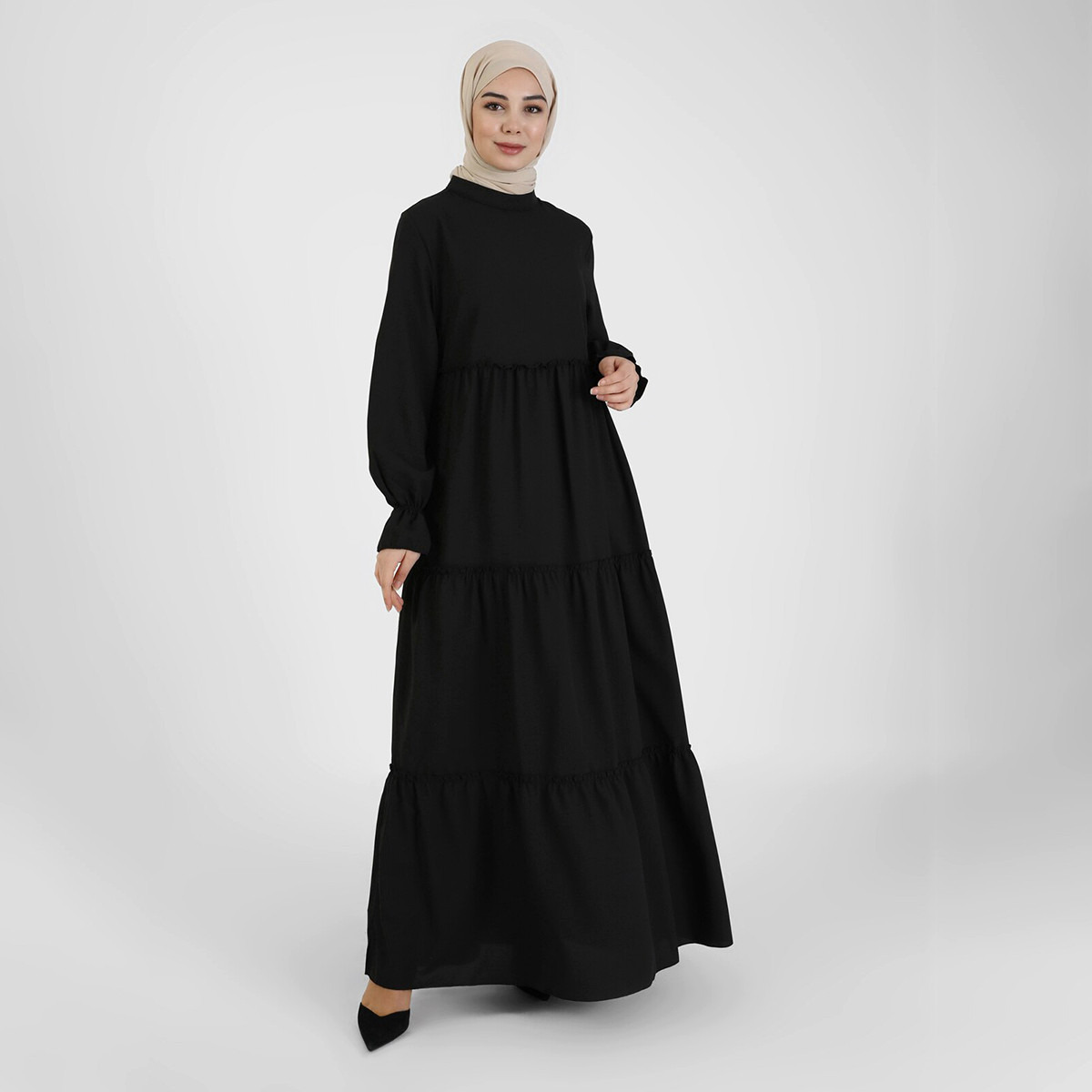  فستان ماكسي نسائي من مودانيسا بلون أسود سادة بسحاب خلفي وياقة عالية-women-clothing-dresses-image-3