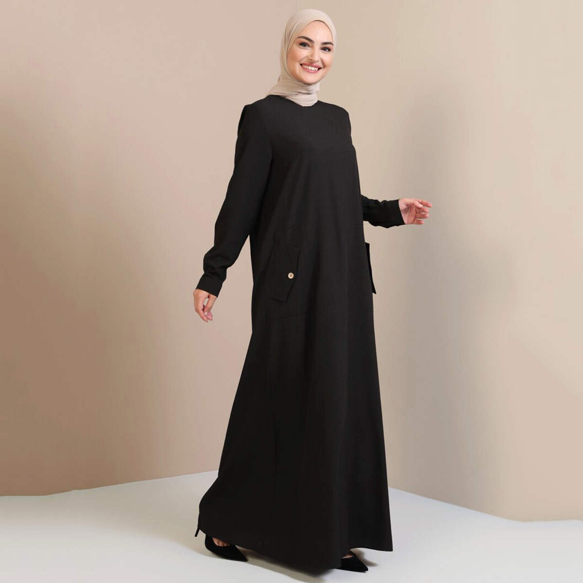 Women Solid Pocket Detailed Maxi Dress Tavin By Modanisa-women-clothing-dresses-image-2