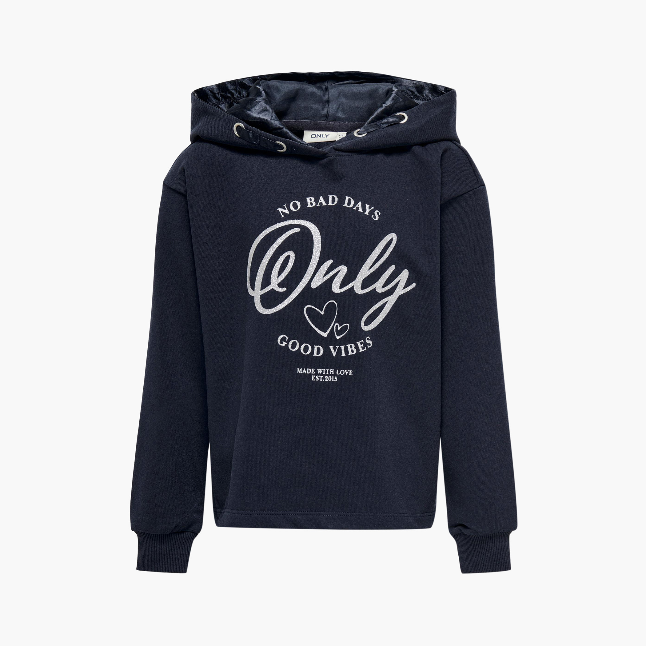 ONLY Slogan Glitter Print Hooded Sweatshirt with Long Sleeves