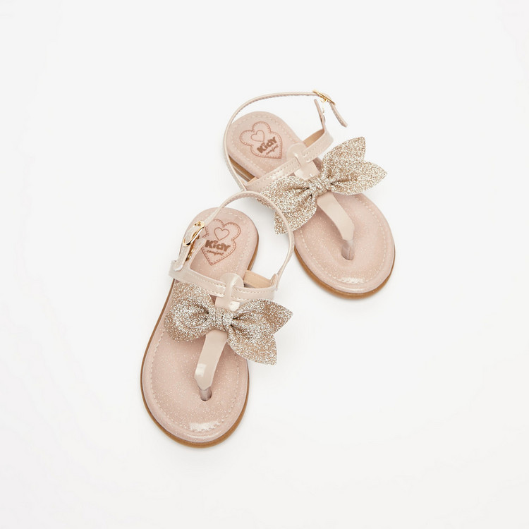 Kidy Solid Sandals with Buckle Closure and Bow Detail