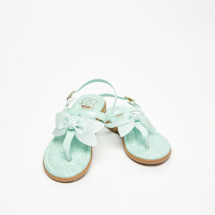 Kidy Solid Sandals with Buckle Closure and Bow Detail