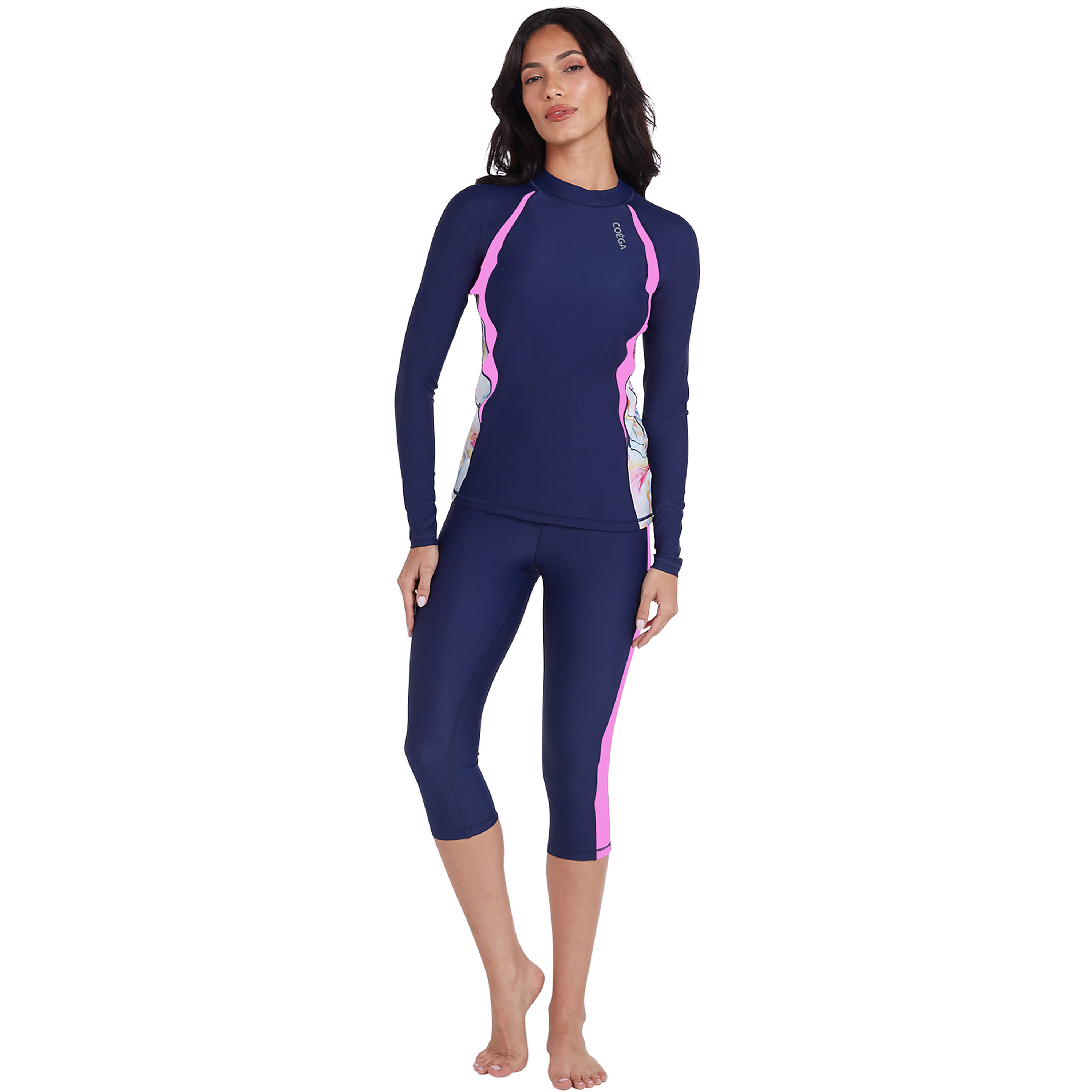 كويغا - فيزون ليقنز سباحة نسائية بطول ثلاثة أرباع، لون أزرق ووردي بنقشة الرخام-sports-women-clothing-swimwear-image-2