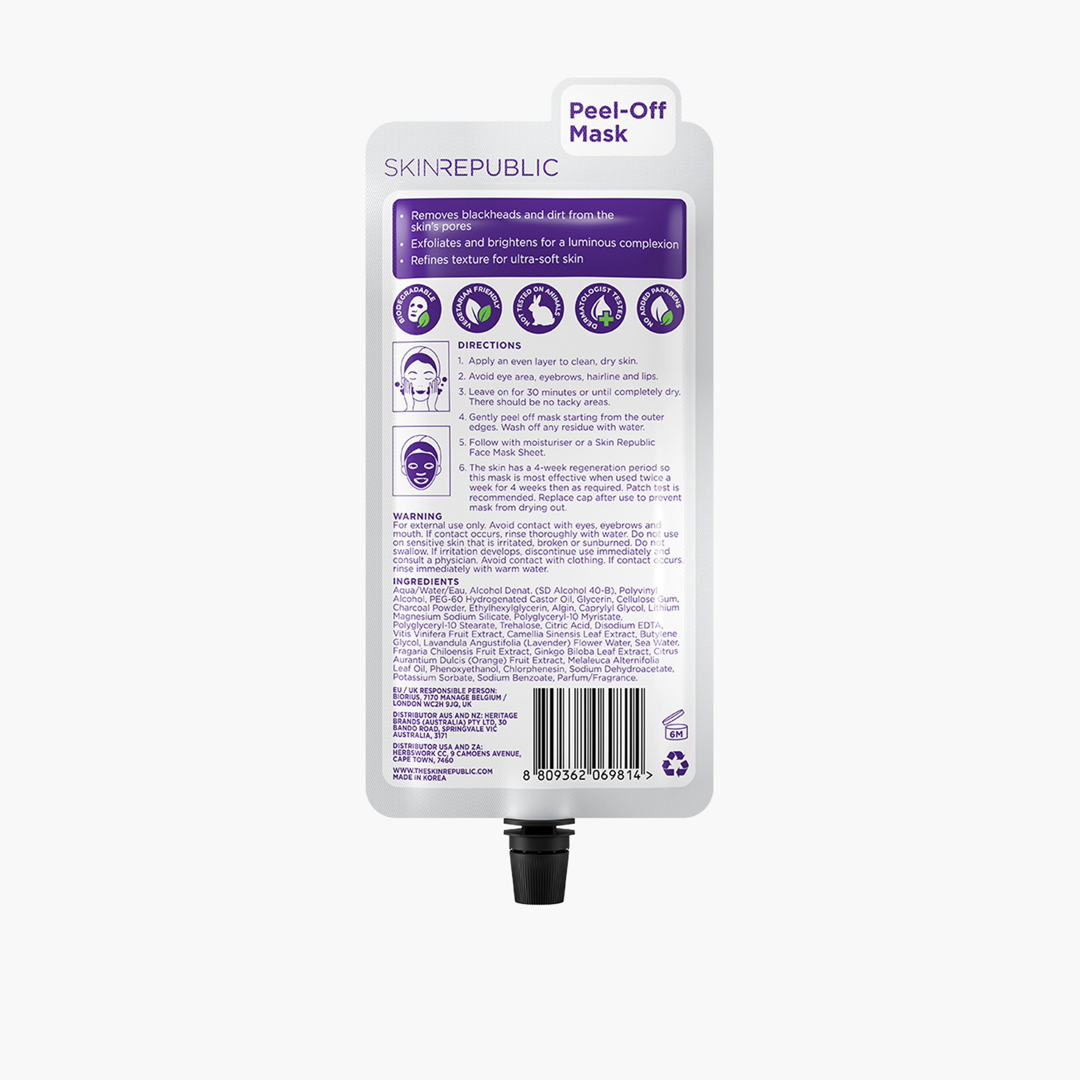 Skin Republic Charcoal Peel-Off cleansing Face Mask Sheet, Exfoliates and removes blackheads 25ml (3 Applications)-beautyandpersonalcare-kbeauty-skin-masks-masksandpeels-image-2
