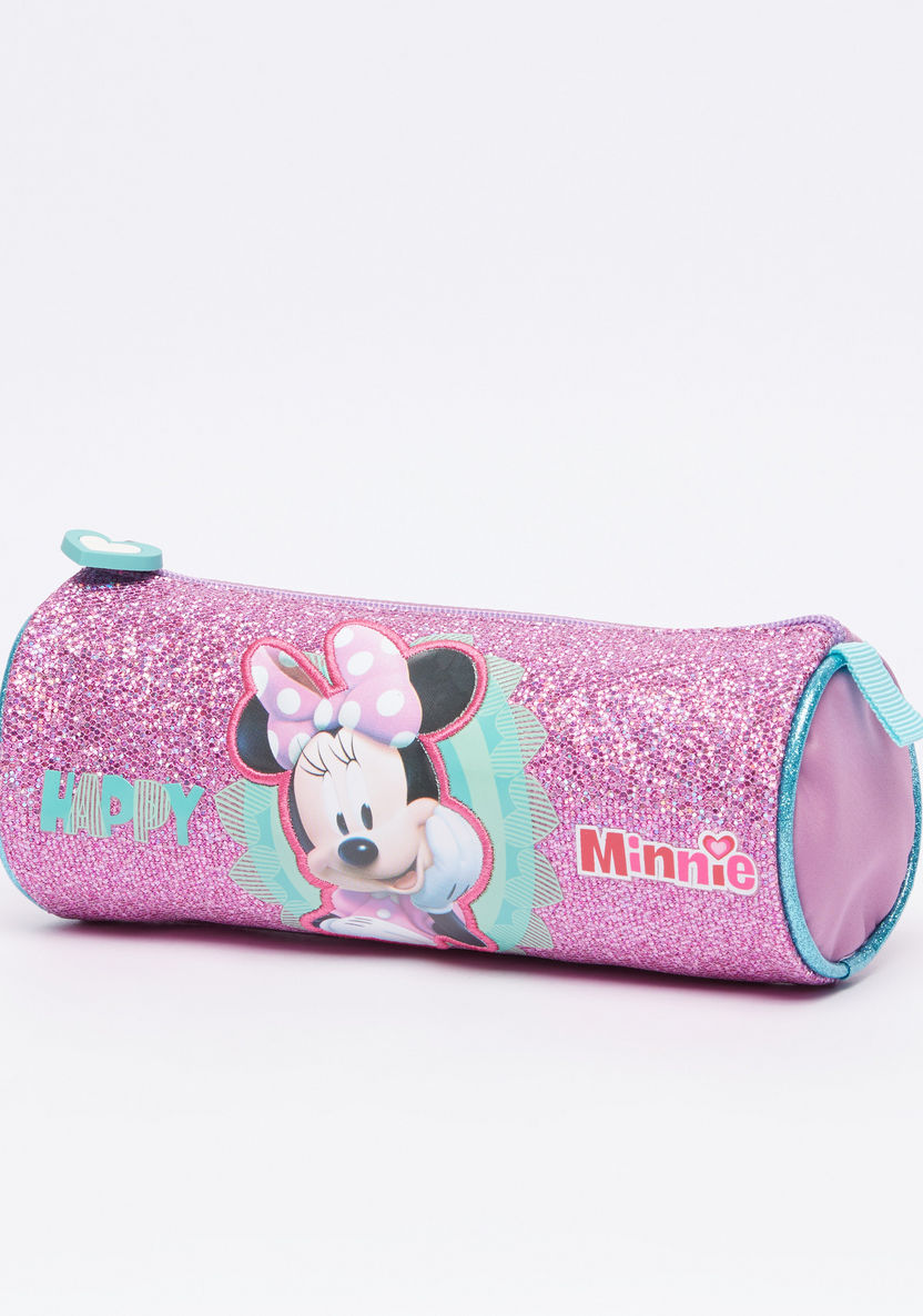 Minnie Mouse Printed Glitter Pencil Case with Zip Closure-Pencil Cases-image-0