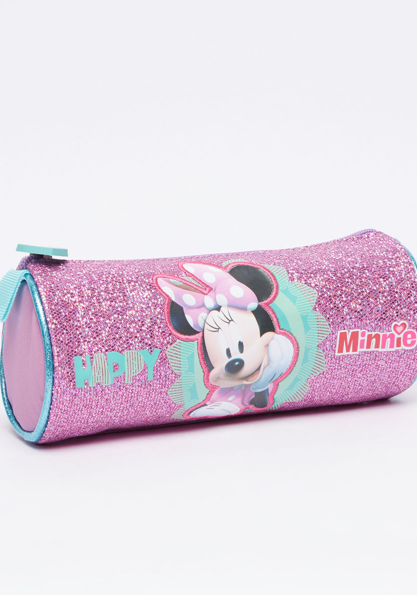 Minnie Mouse Printed Glitter Pencil Case with Zip Closure-Pencil Cases-image-1