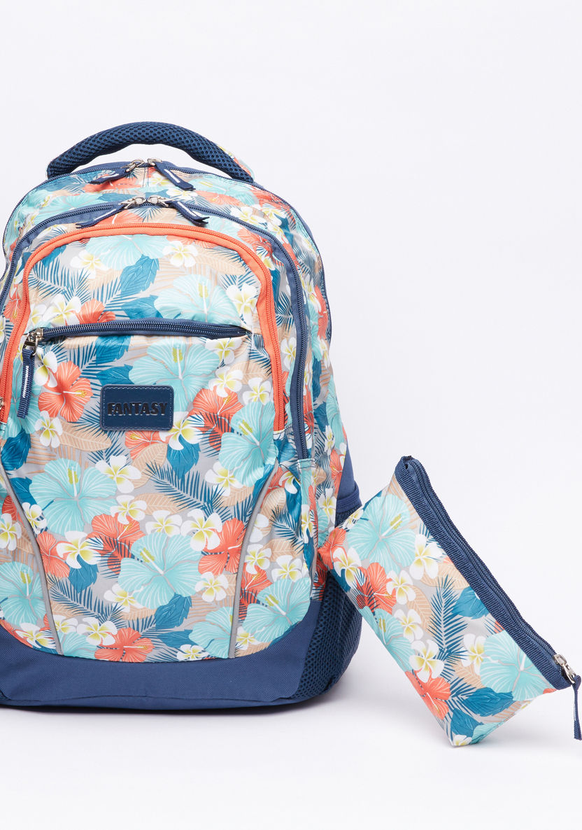 Floral Printed Backpack with Pencil Case-Backpacks-image-0