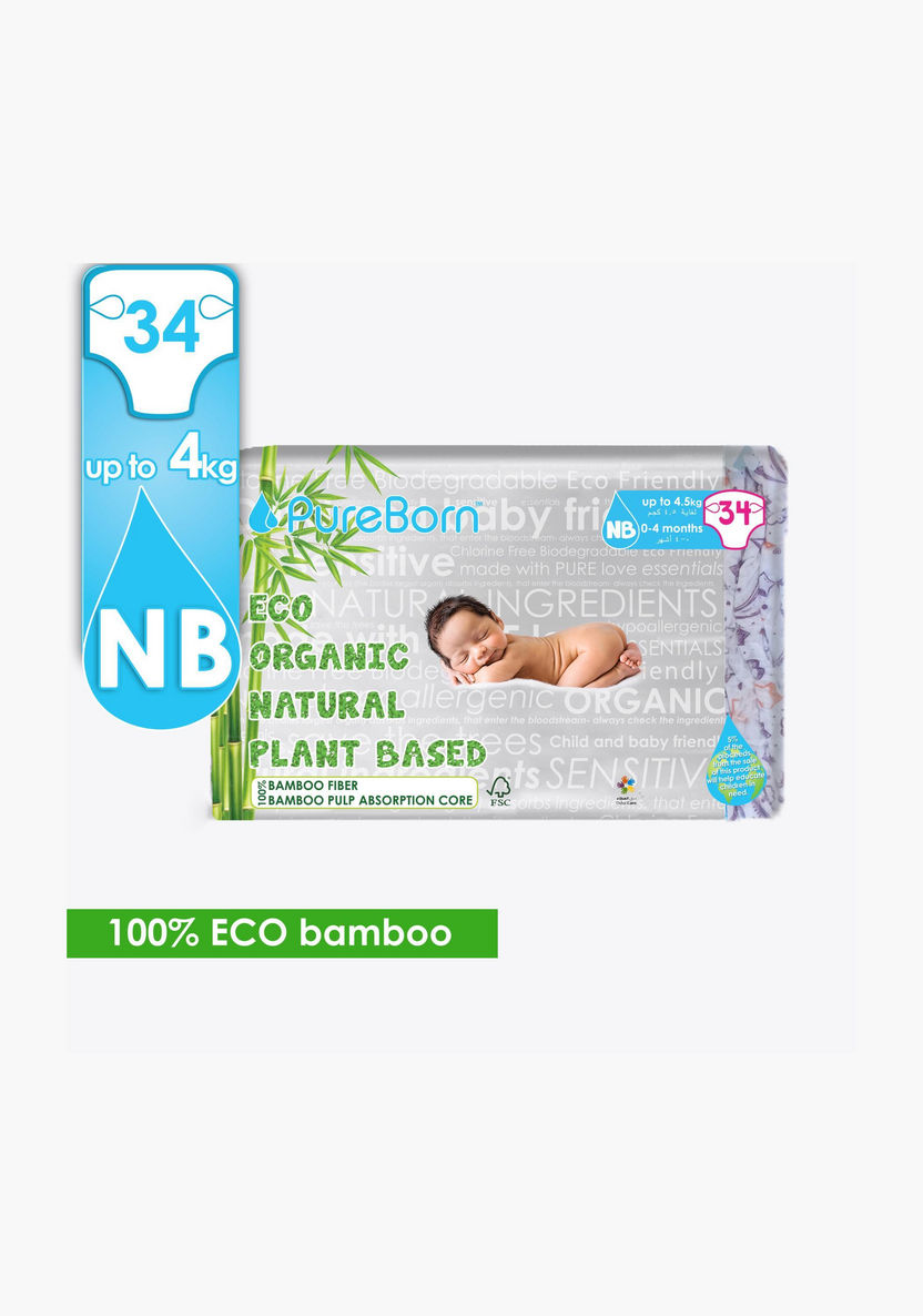 Pure Born Size 1 Eco Organic Natural Plant Based 34-Diapers Pack - Up to 4.5 kgs-Disposable-image-0