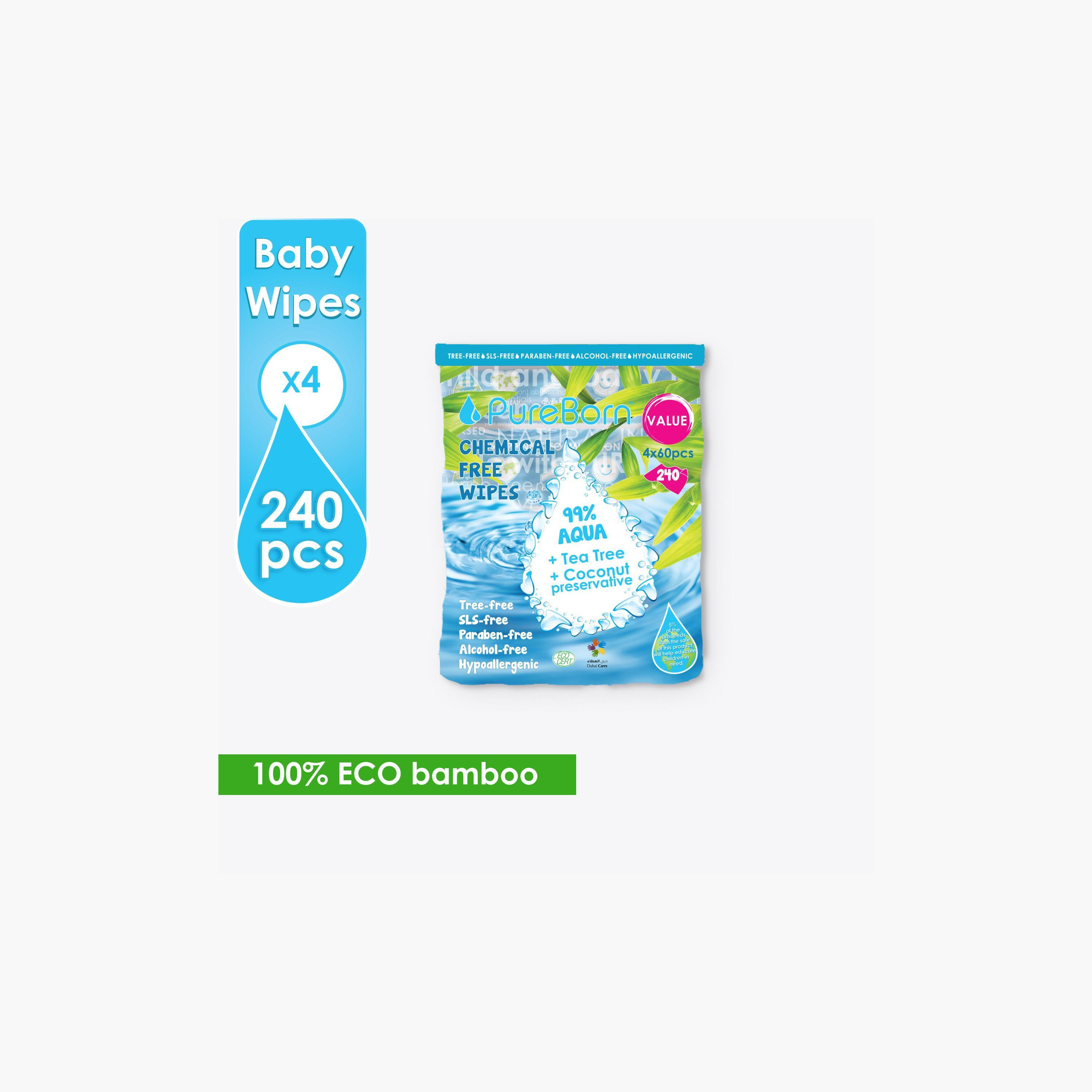 Pure Born 4x60-Piece Chemical Free Wipes-baby-bathandcare-wipes-image-1