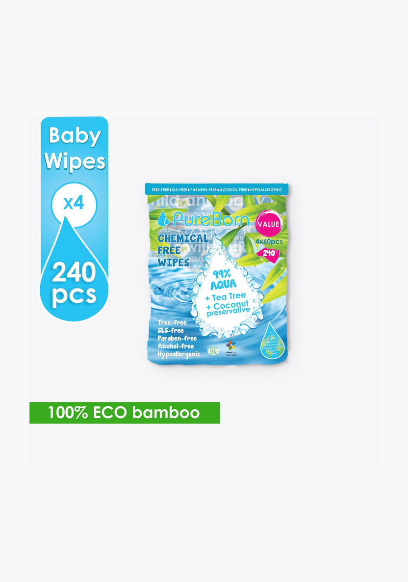 Pure Born 4x60-Piece Chemical Free Wipes-Baby Wipes-image-0