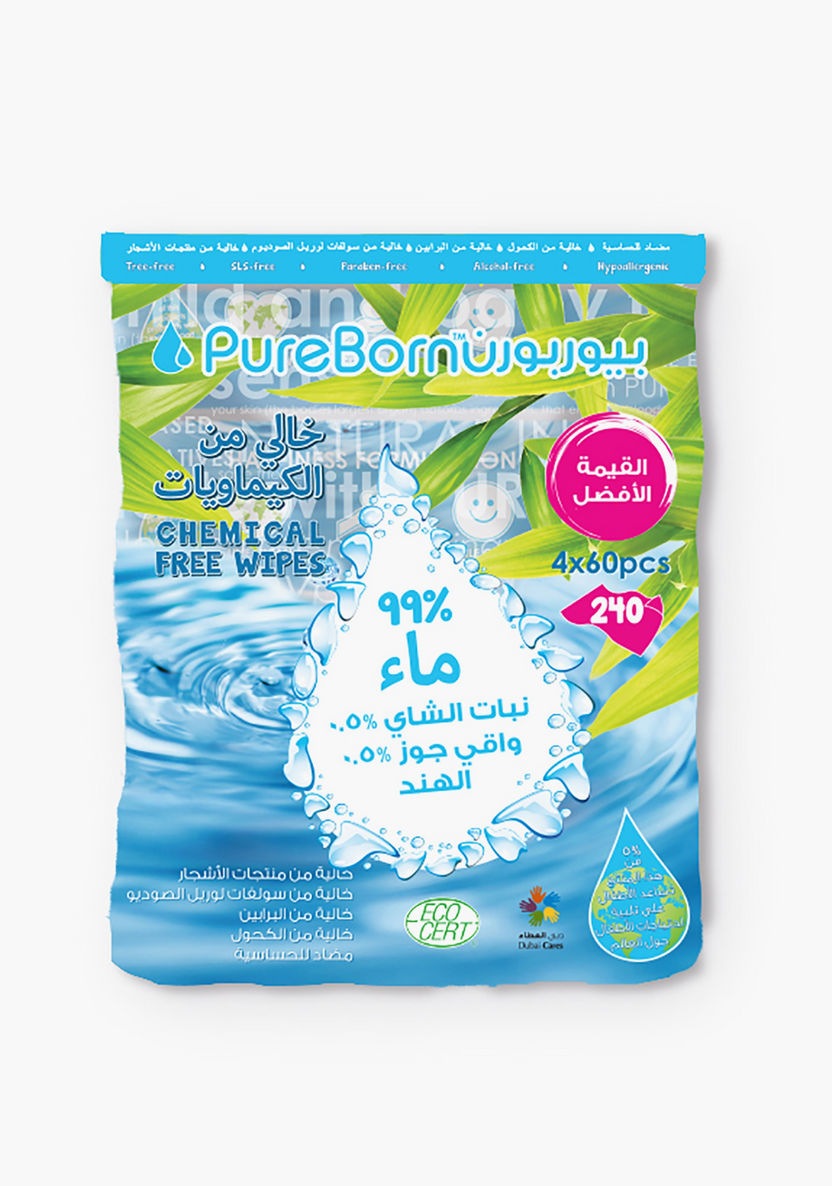 Pure Born 4x60-Piece Chemical Free Wipes-Baby Wipes-image-1