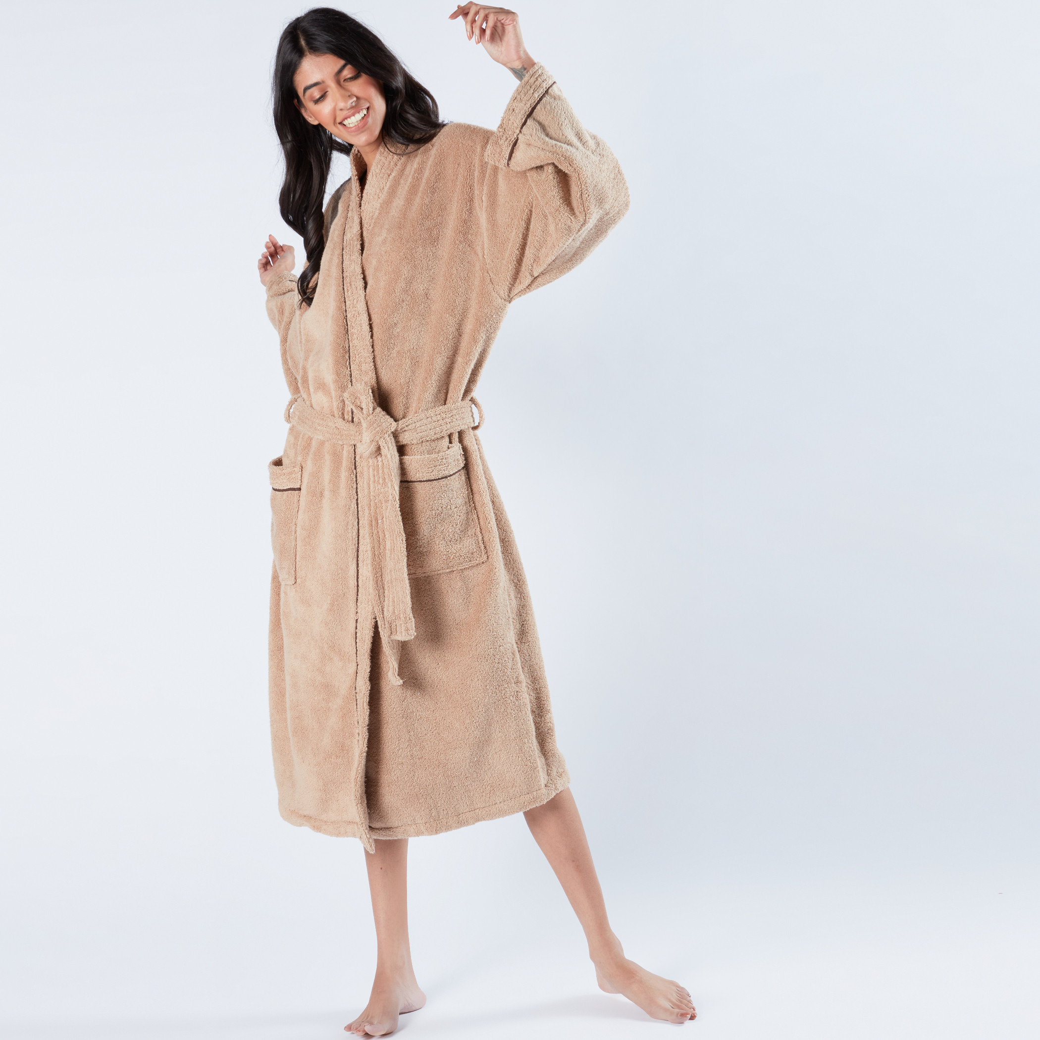 Textured Kimono Bathrobe with Piping Detail and Tie Up Belt-household-bathandlaundry-bathlinen-bathrobesandslippers-bathrobes-image-1