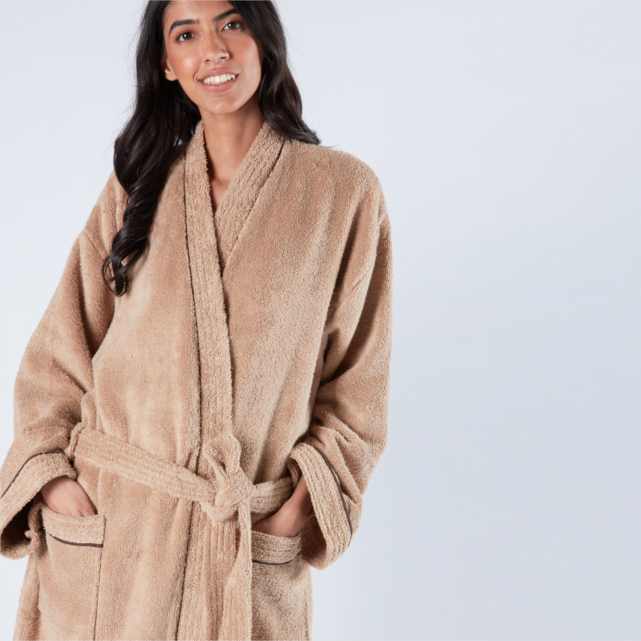 Textured Kimono Bathrobe with Piping Detail and Tie Up Belt-household-bathandlaundry-bathlinen-bathrobesandslippers-bathrobes-image-2