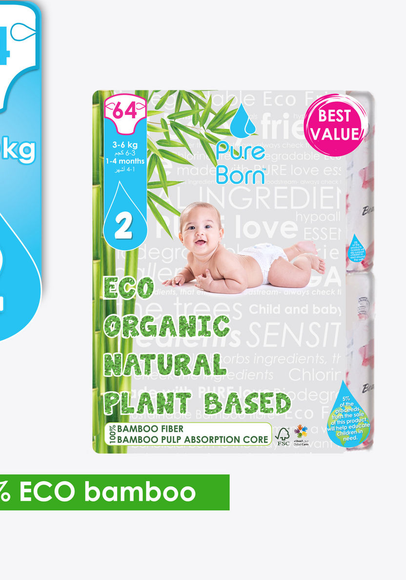 Pure Born Eco Organic Size 2, 64-Diapers Pack - 3-6 kgs, 1-4 Months-Disposable-image-0