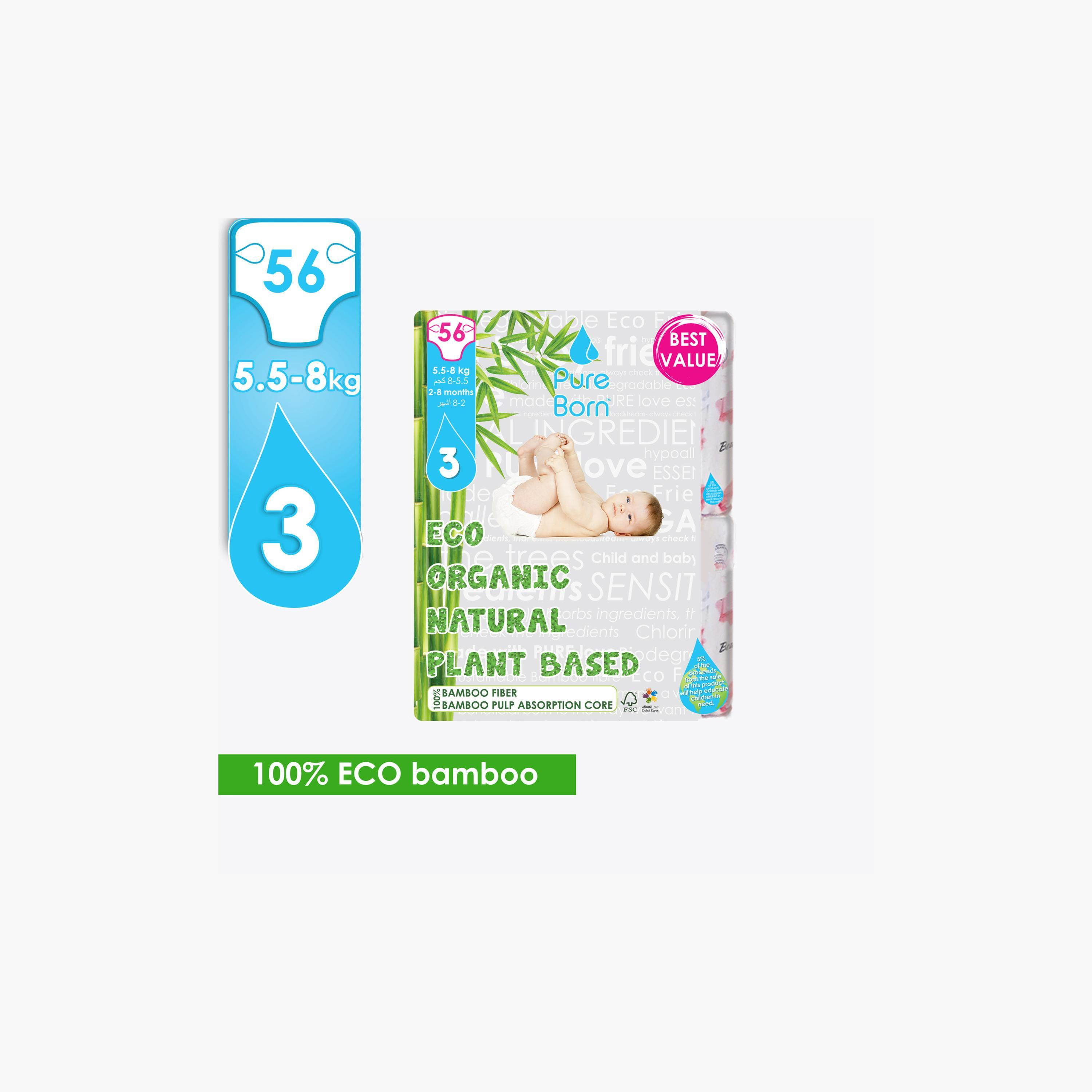 Pure Born Eco Organic Size 3, 56-Diapers Pack - 5.5-8 kgs, 2-8 Months-baby-diapering-diapers-image-1