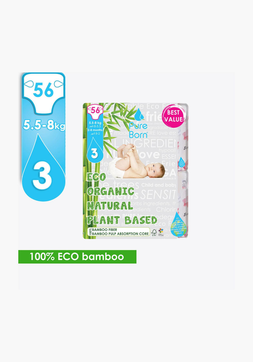 Pure Born Eco Organic Size 3, 56-Diapers Pack - 5.5-8 kgs, 2-8 Months-Disposable-image-0