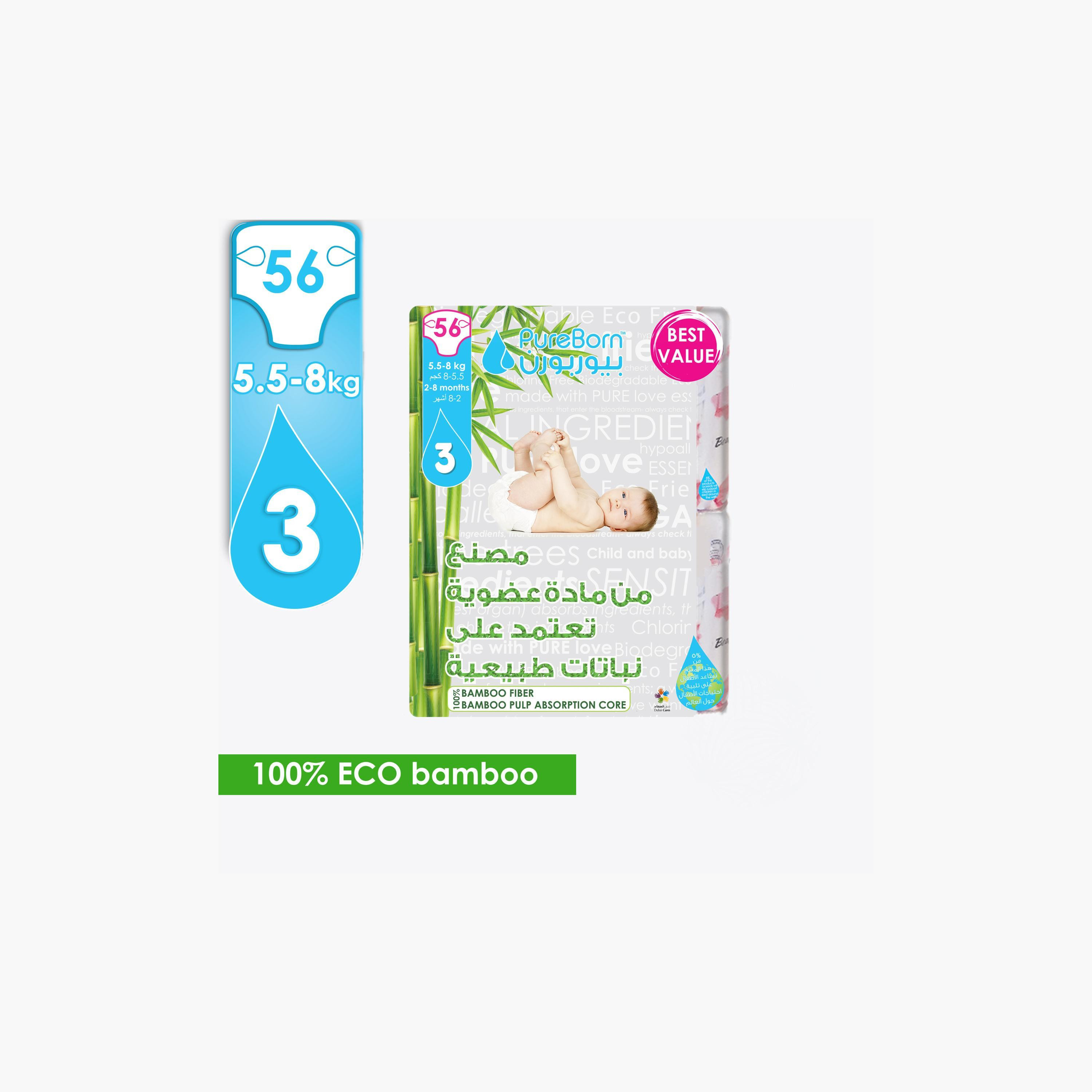 Pure Born Eco Organic Size 3, 56-Diapers Pack - 5.5-8 kgs, 2-8 Months-baby-diapering-diapers-image-2