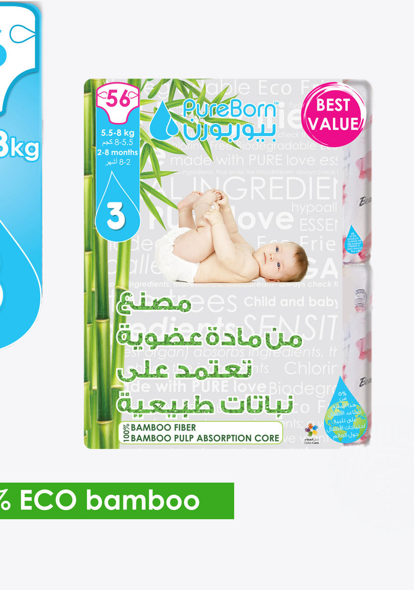 Pure Born Eco Organic Size 3, 56-Diapers Pack - 5.5-8 kgs, 2-8 Months-Disposable-image-1