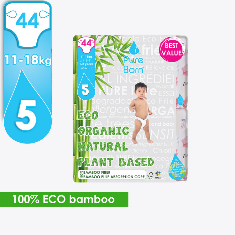 Pure Born Eco Organic Size 5, 44-Diapers Pack - 11-18 kgs, 1-3 Years