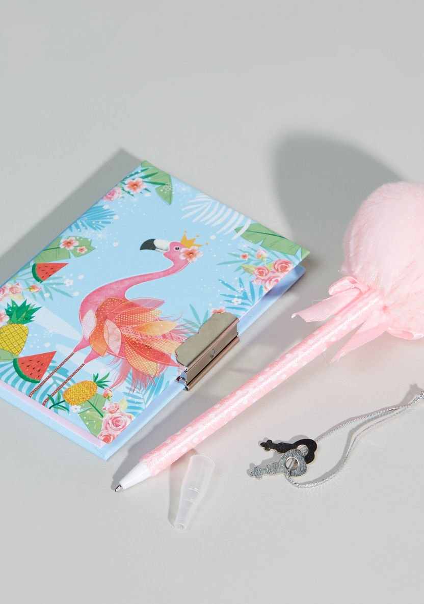 Flamingo Printed Mini Lock Diary with Pom-Pom Detail Pen-Accessories-image-0