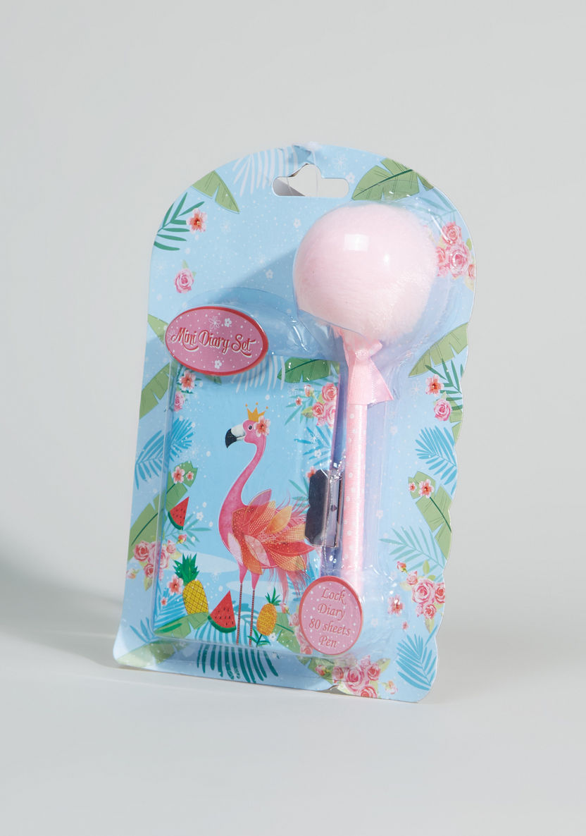 Flamingo Printed Mini Lock Diary with Pom-Pom Detail Pen-Accessories-image-3