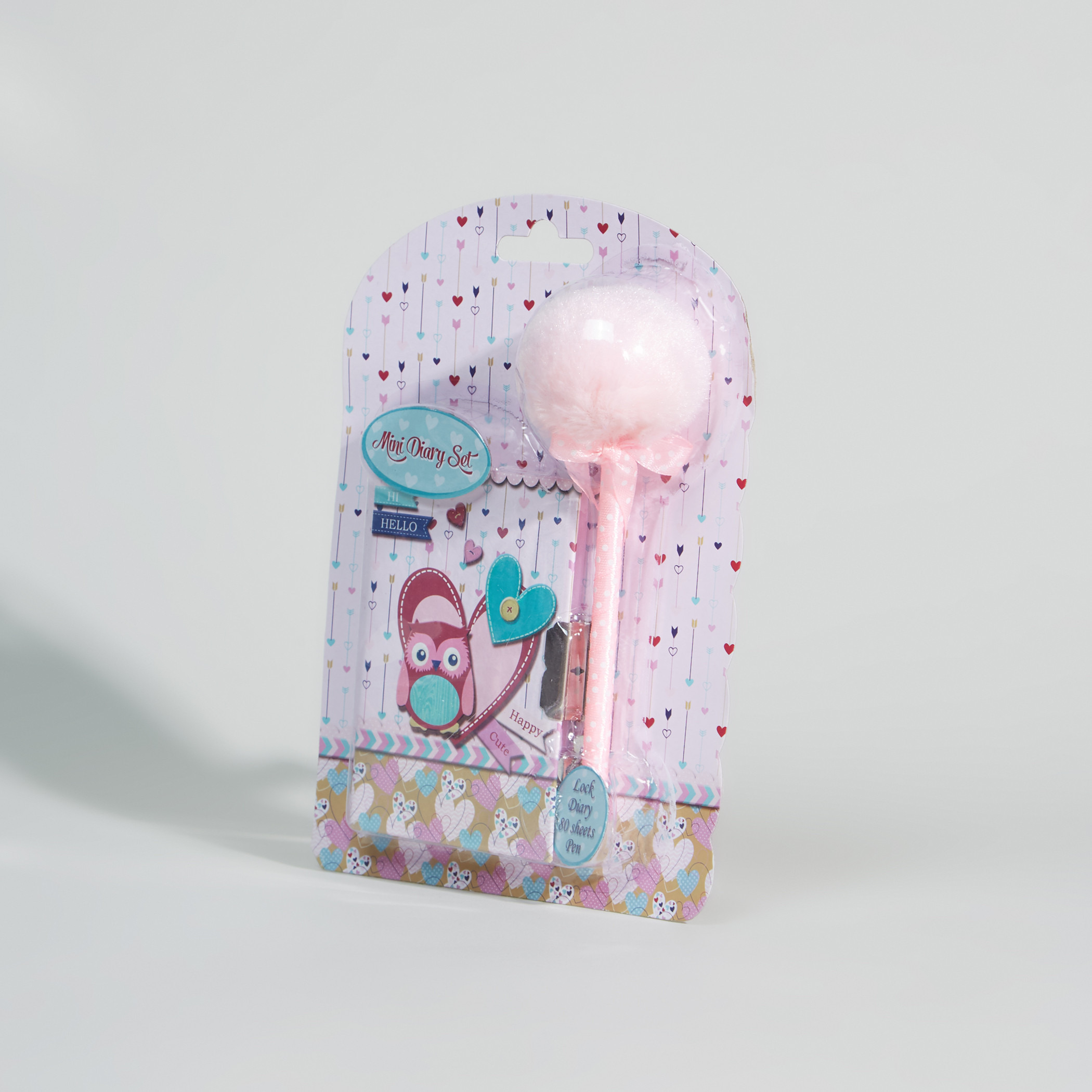 دفتر يوميات بقفل صغير وطبعات مع قلم بكرات بوم بوم.-school-stationery-accessories-image-4