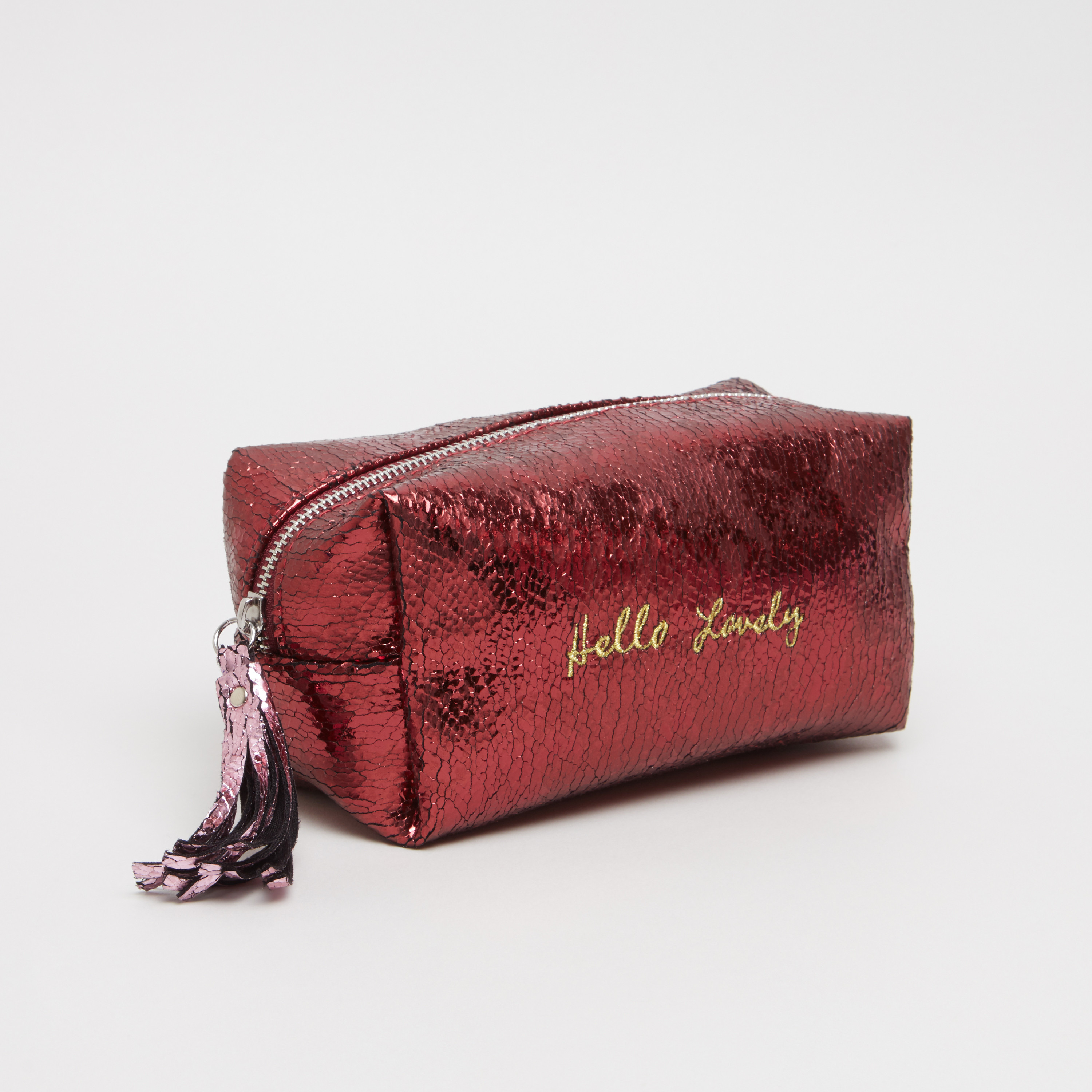 Embellished Cosmetic Pouch with Glossy Finish and Tassel Charm-beautyandpersonalcare-makeup-brushesandaccessories-makeuppouches-image-1