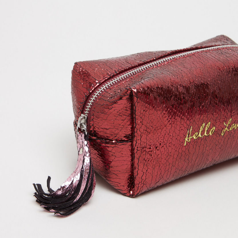 Embellished Cosmetic Pouch with Glossy Finish and Tassel Charm-Cosmetic Cases & Bags-image-3