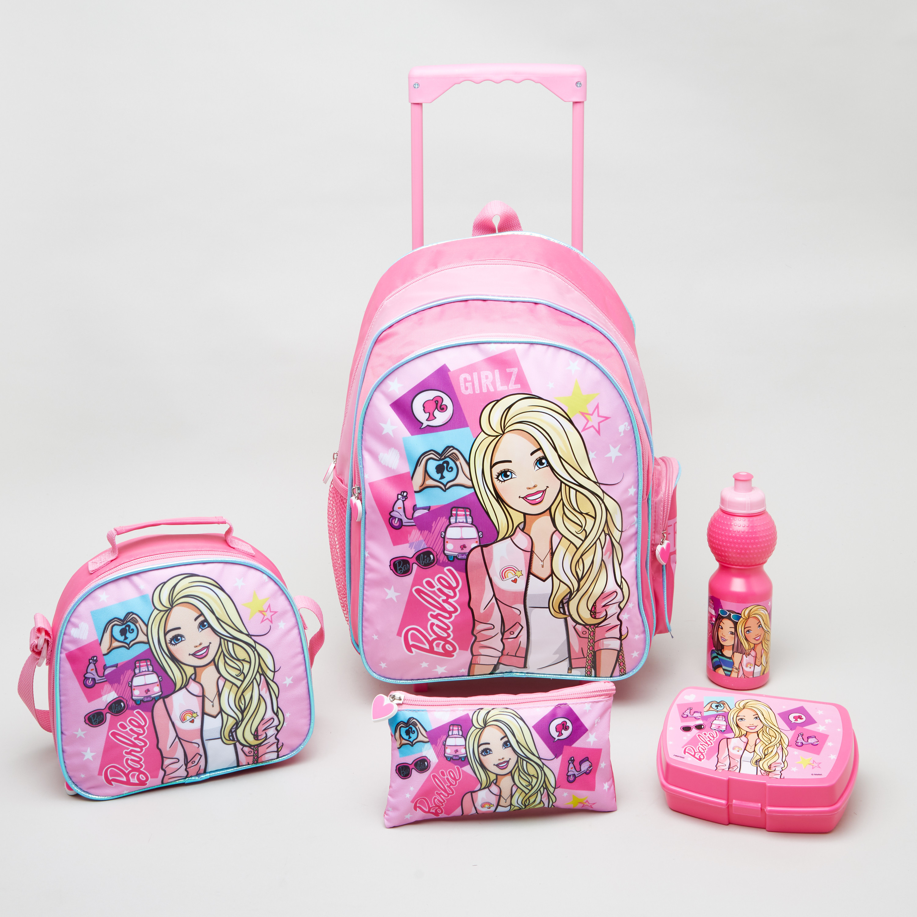 طقم حقيبة بعجلات وطبعات باربي - طقم من 5 قطع-school-bagsandbackpacks-trolleybags-image-1