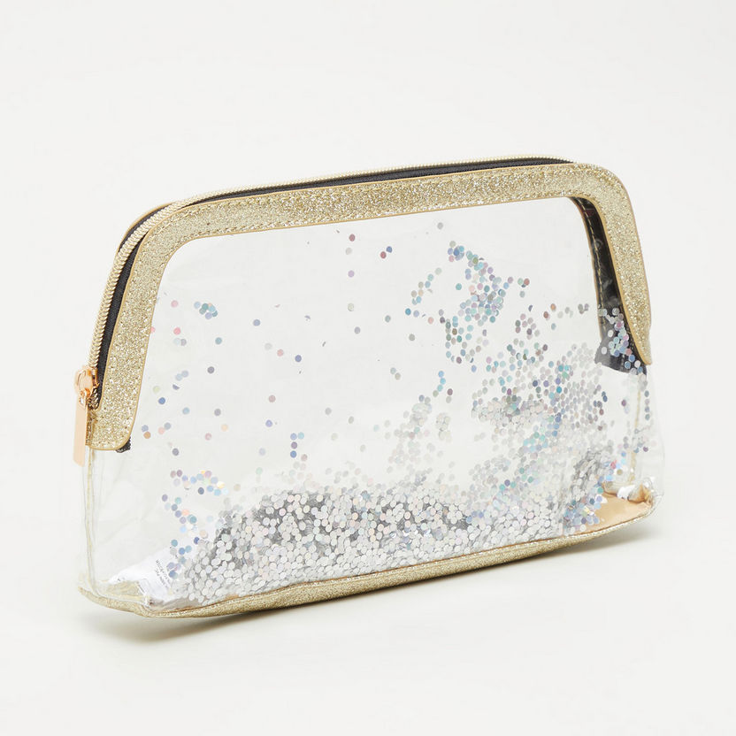 Embellished Cosmetic Pouch with Glitter Accent-Cosmetic Cases & Bags-image-0